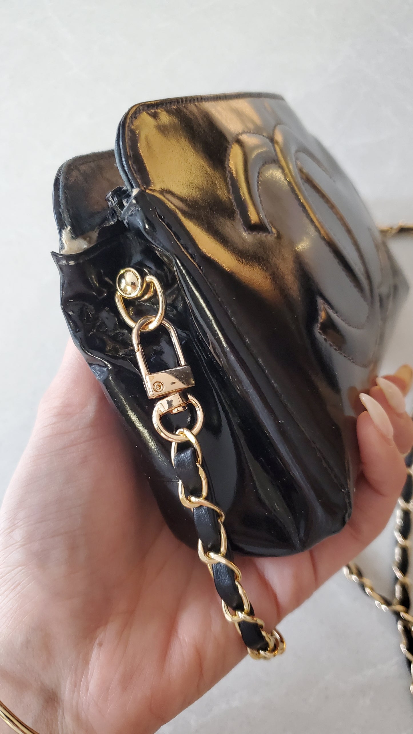 Authentic Vintage Chanel Upcycle Black Patent Pouch with Chain