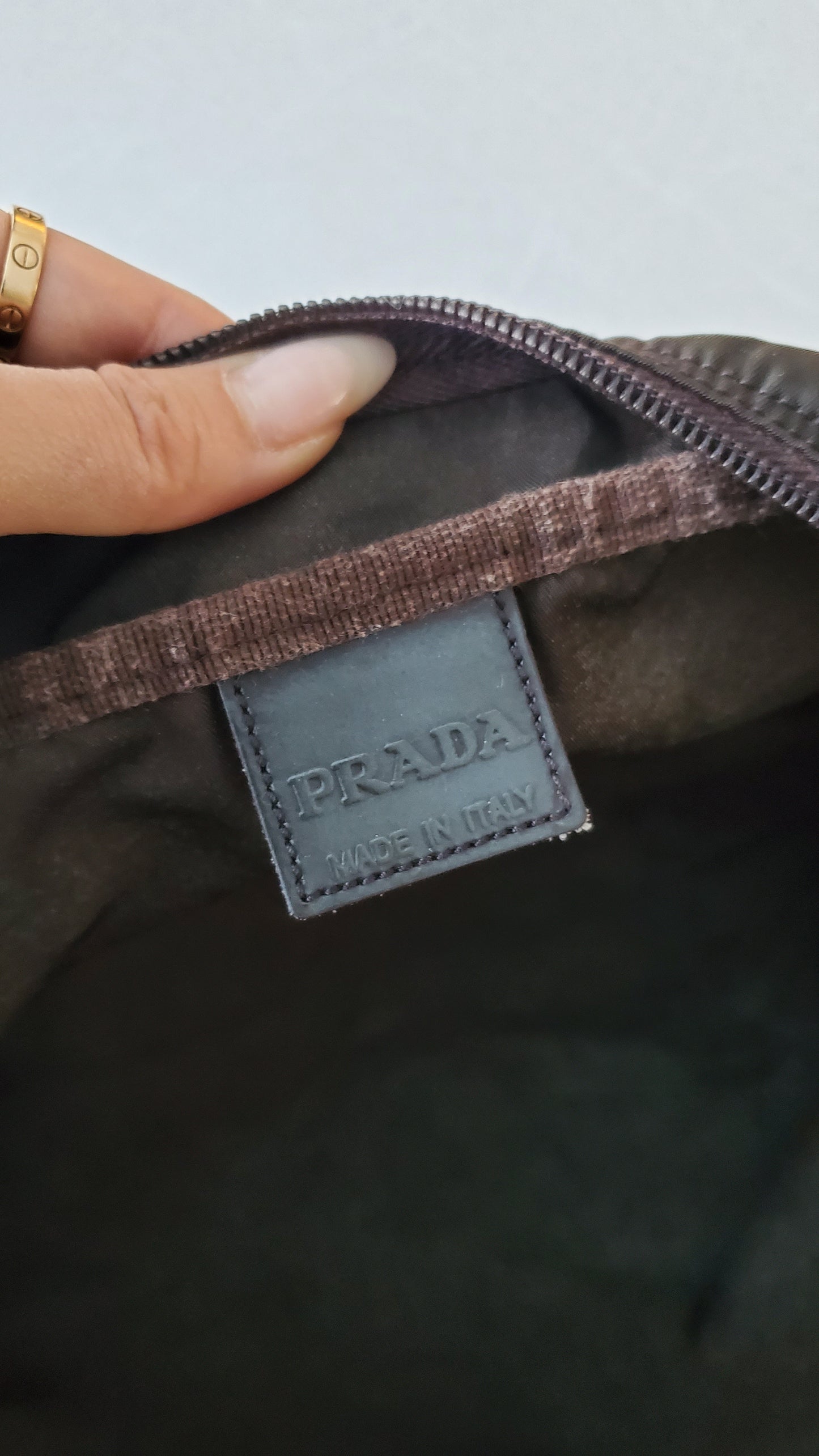 Authentic Prada (Dark Green/ Brown) Upcycle Large Nylon Pouch with Chain & Strap