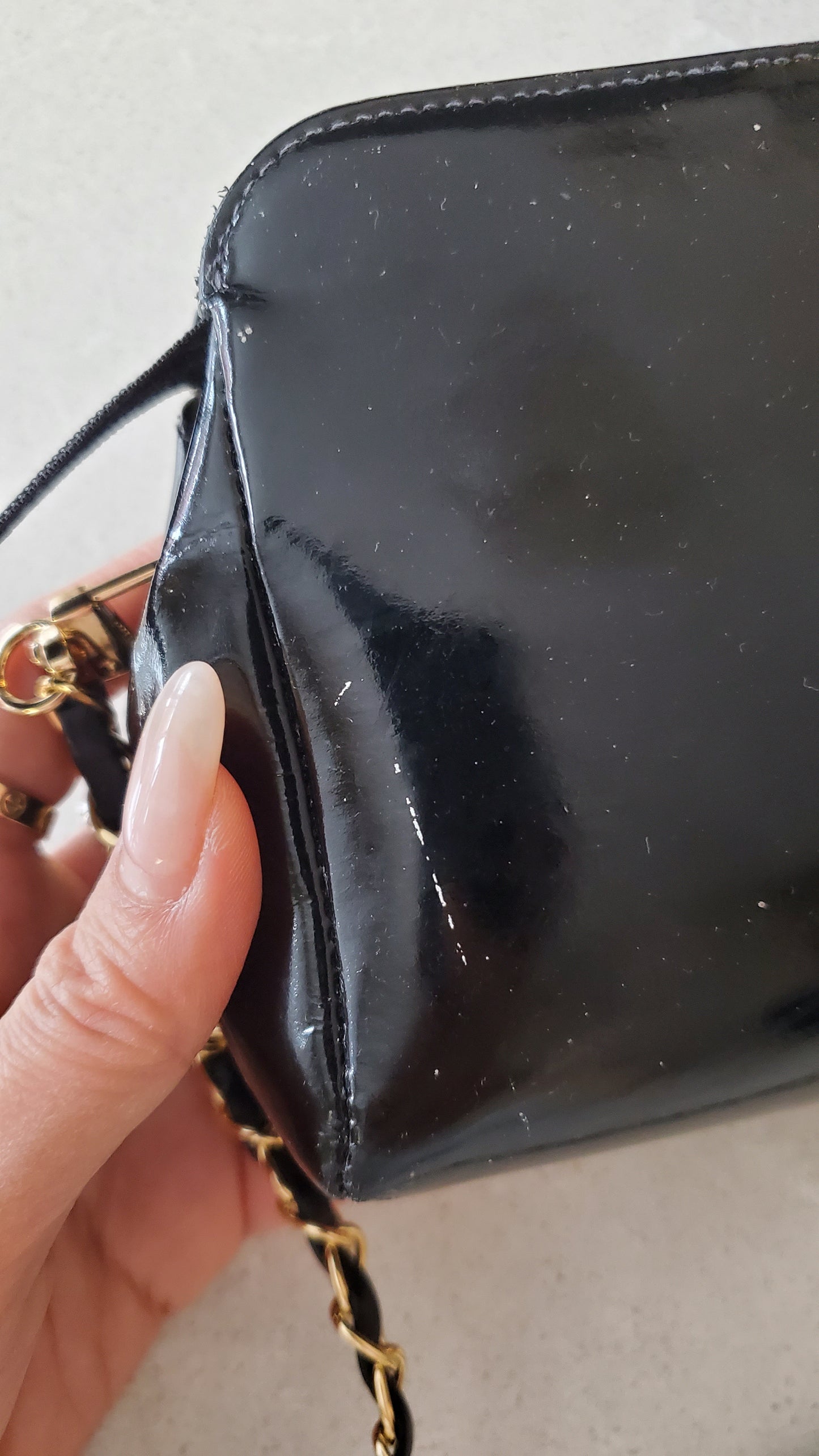 Authentic Vintage Chanel Upcycle Black Patent Pouch with Chain