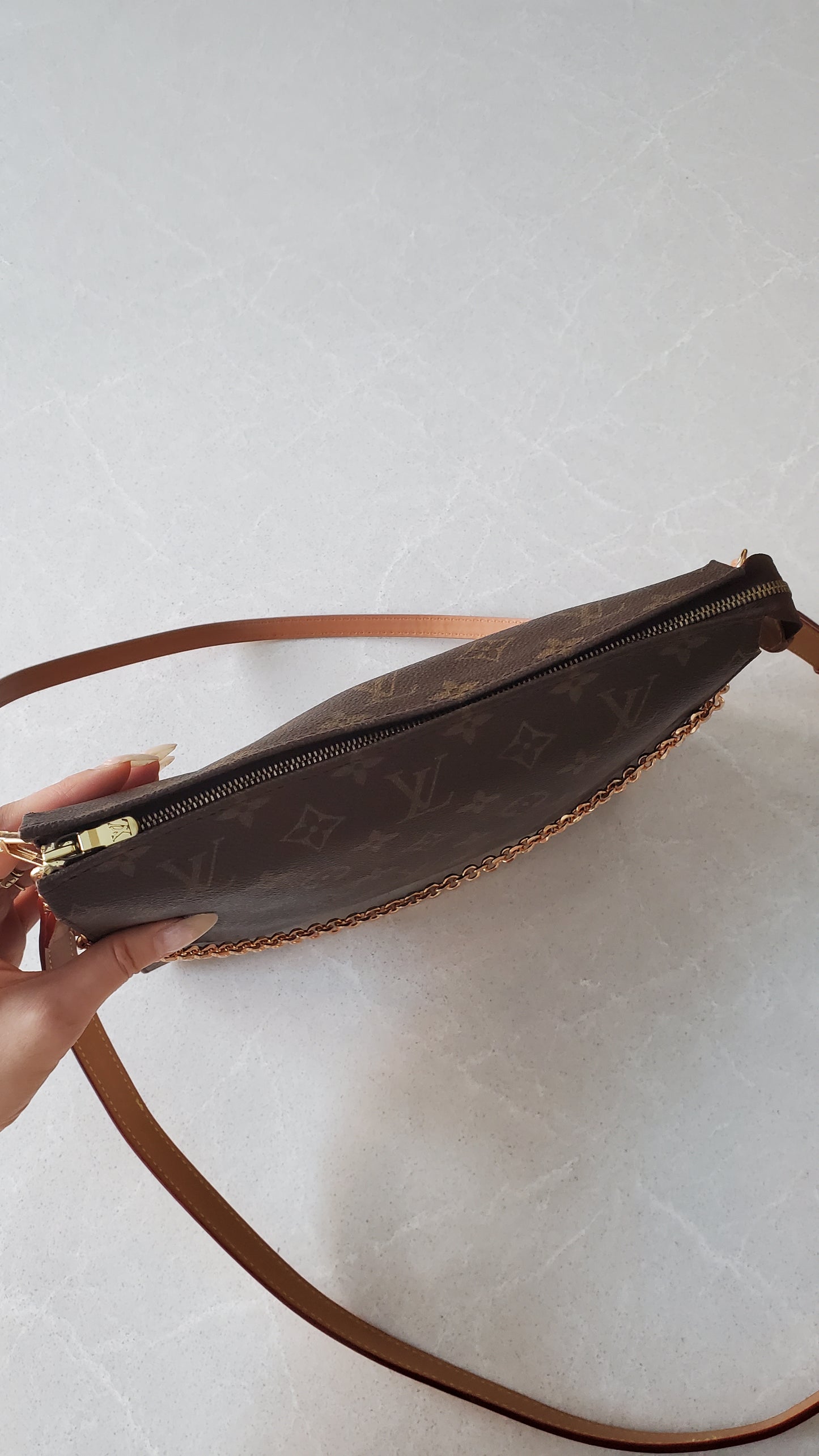 Authentic Vintage Louis Vuitton (Cream Insert) Upcycle Toiletry Pouch with Chain & 2 Straps