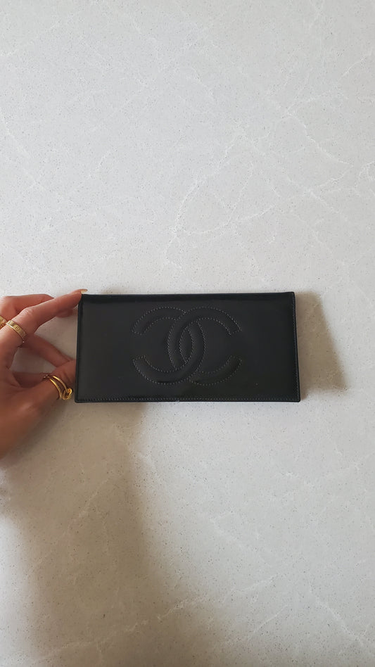 Authentic Chanel Black Patent Flat Flap Wallet