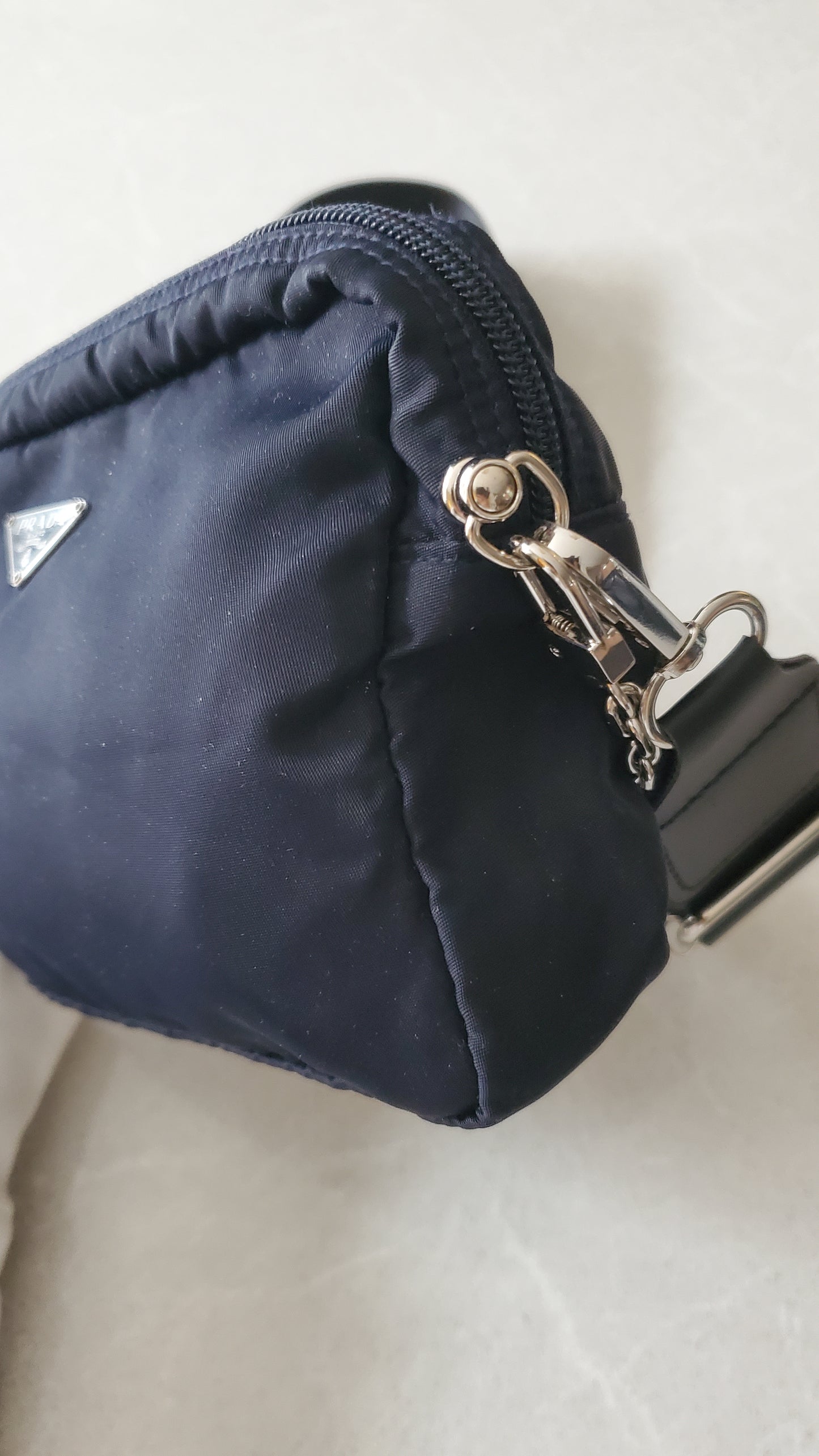 Authentic Prada Upcycle (Dark Navy) Nylon Pouch on Chain & Strap