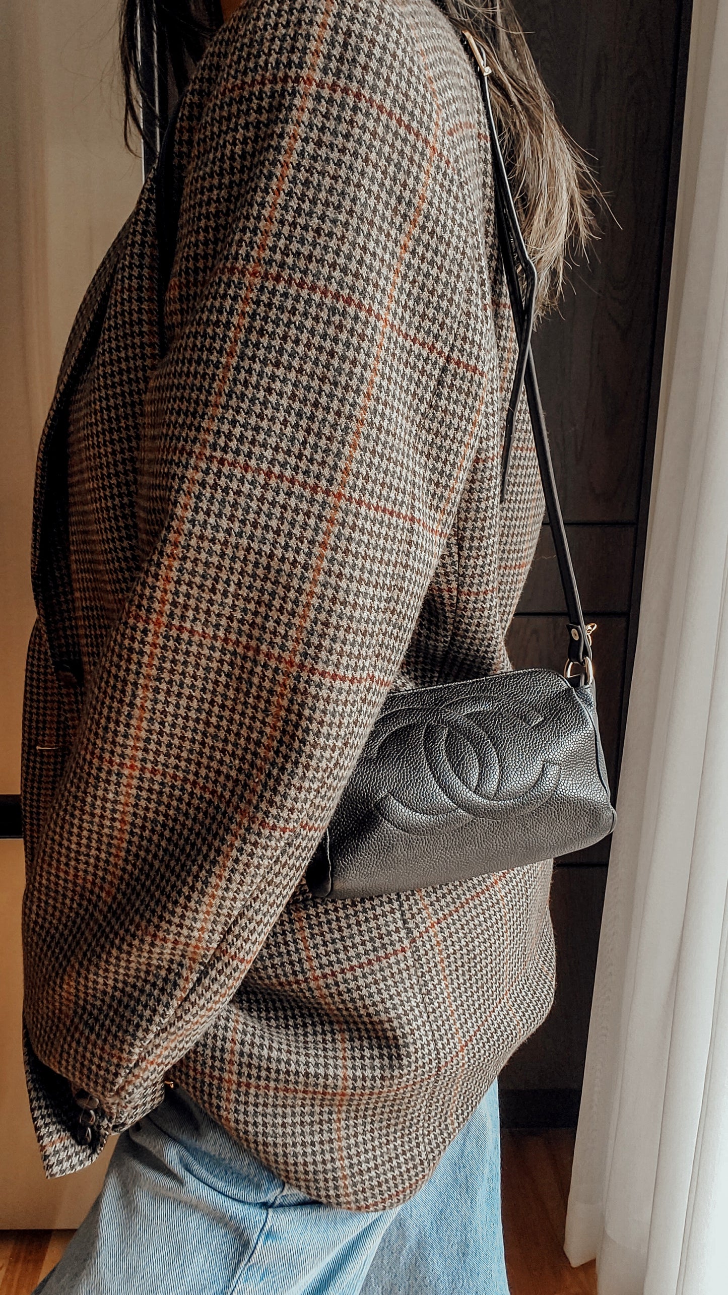 Authentic Vintage Chanel Upcycle Black Caviar Perfect Size Pouch with Strap