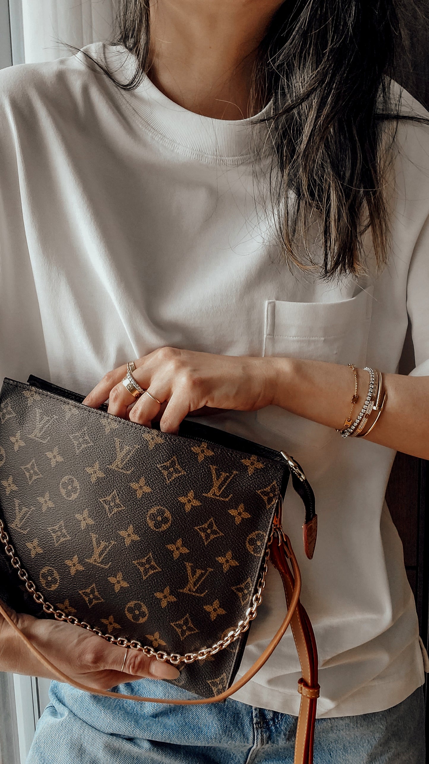 Authentic Vintage Louis Vuitton Upcycle Toiletry Pouch (Grey Insert) with Chain & 2 Straps