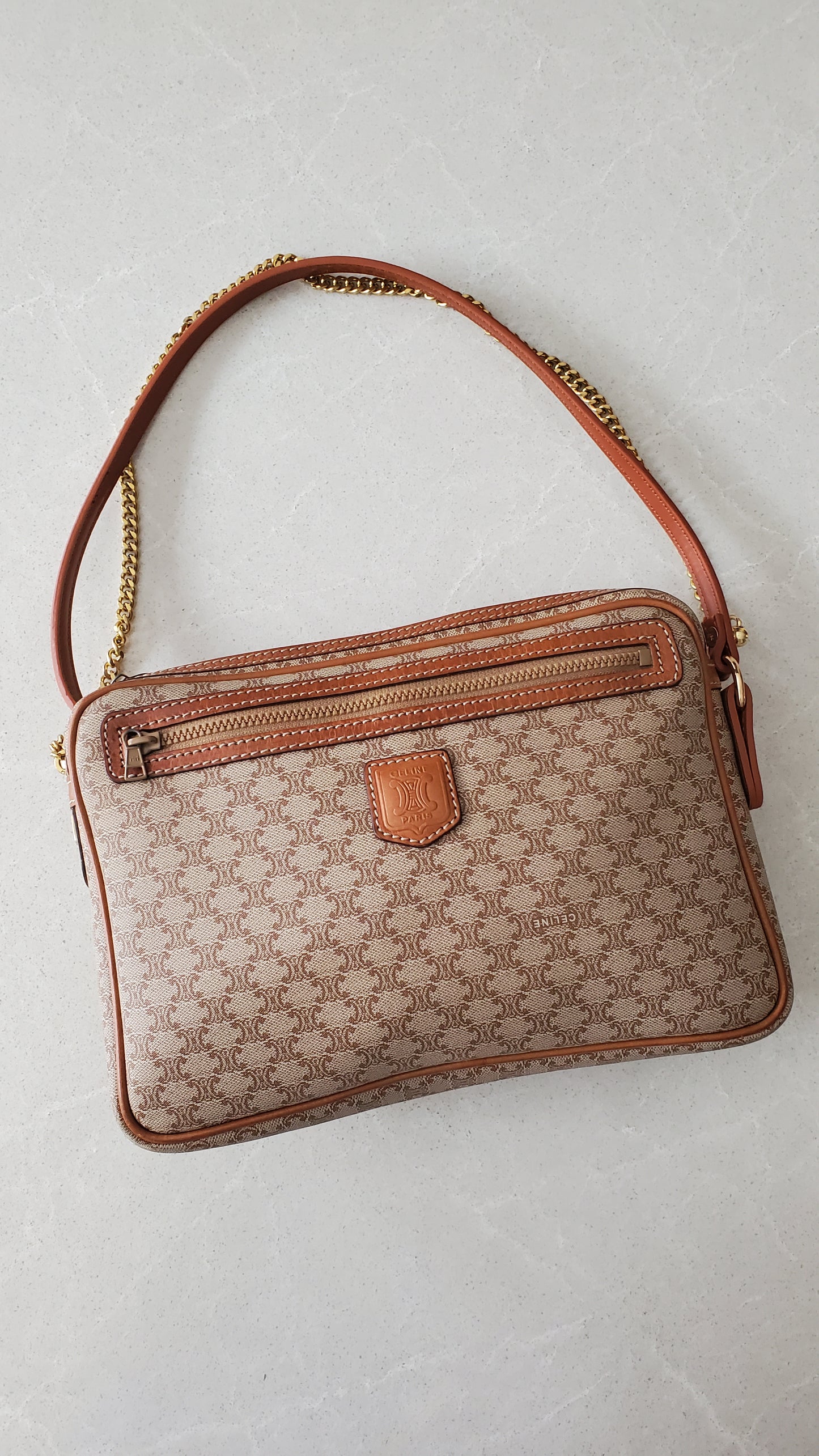 Authentic Vintage Celine Upcycle Tan Shoulder Purse with Chain & Strap