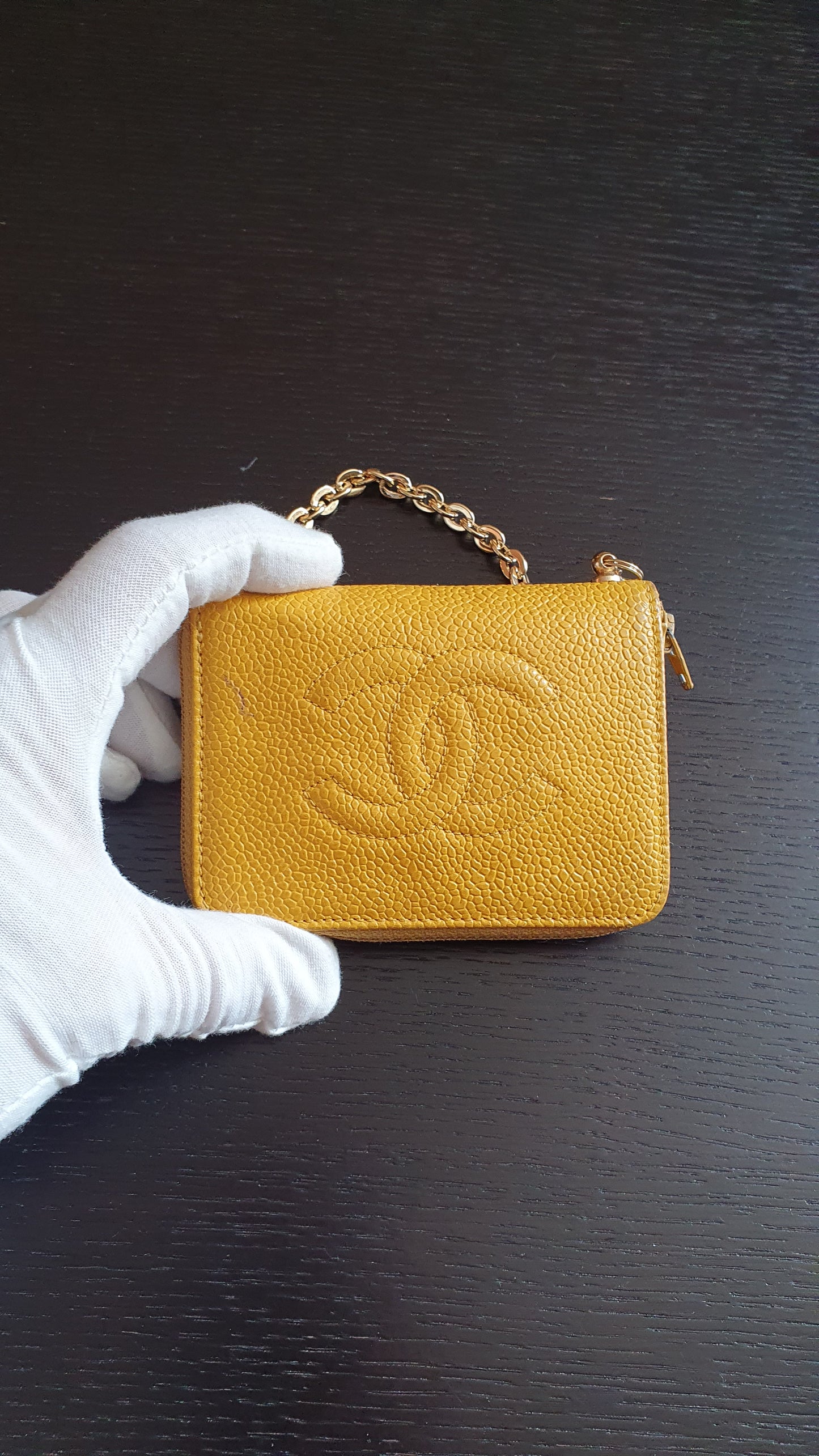 Authentic Chanel Upcycle (Yellow) Caviar Keyholder with Chain