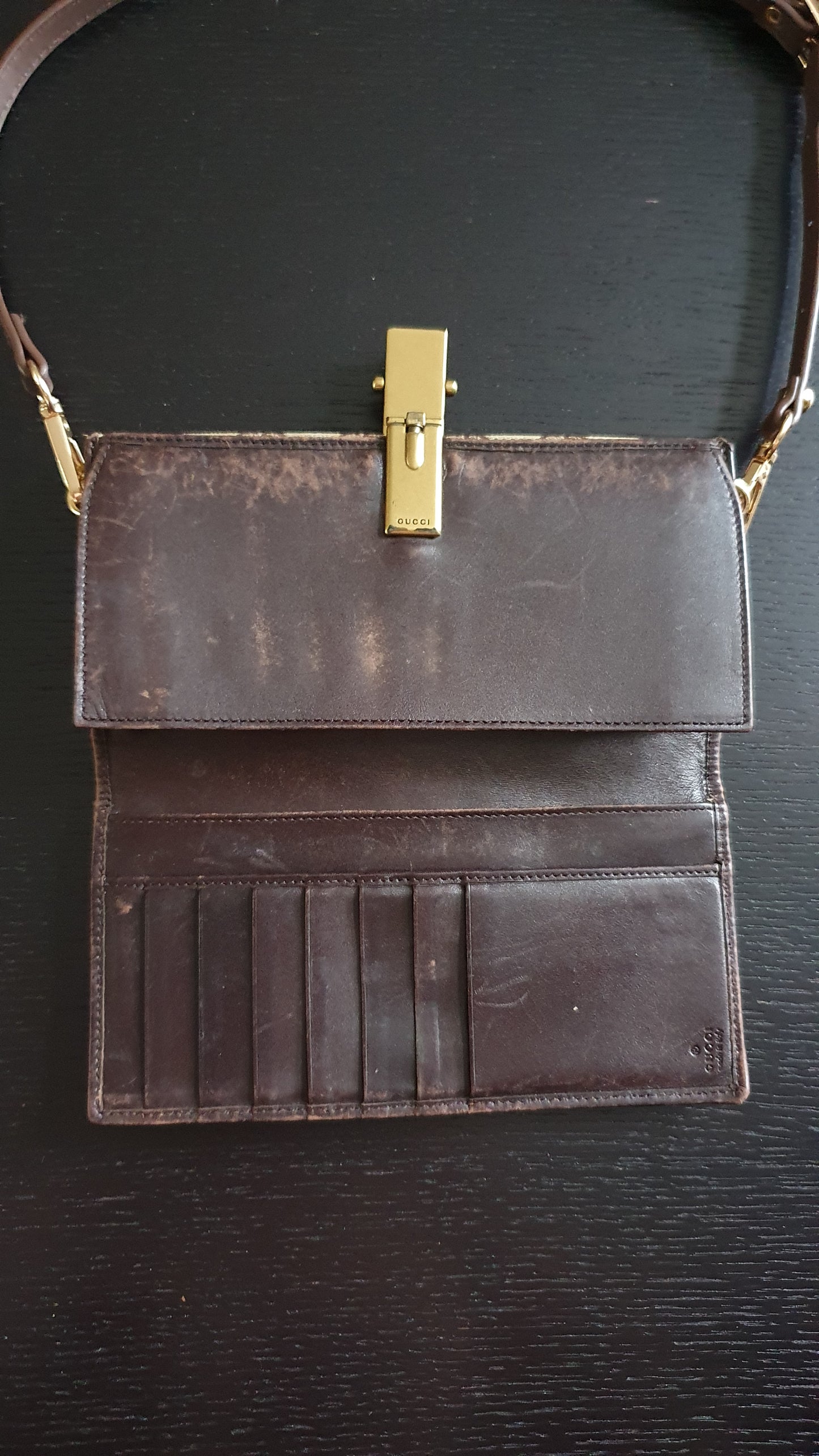 Authentic Gucci Upcycle Brown Wallet with Shoulder Strap