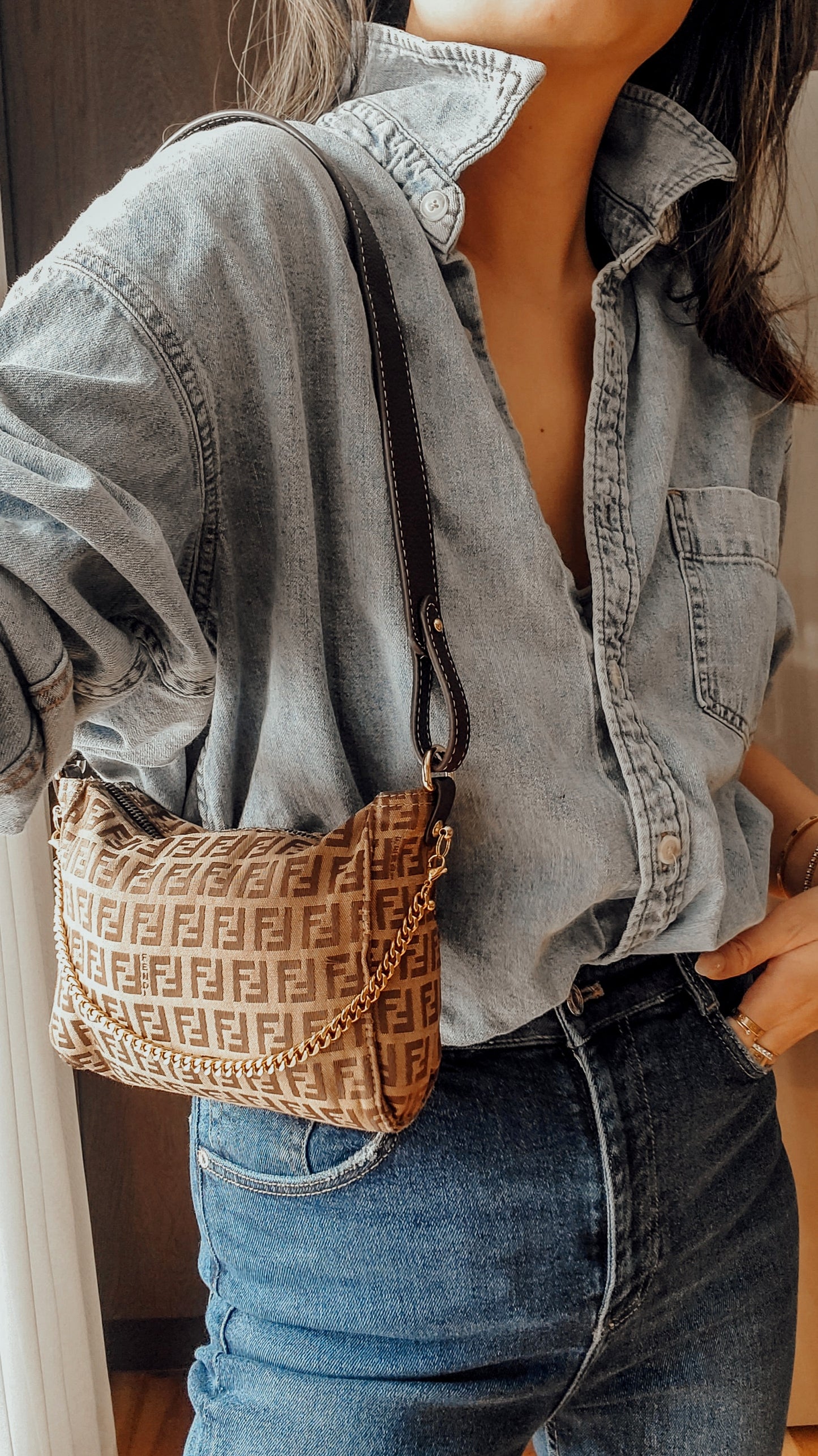 Authentic Vintage Fendi Upcycle Brown Shoulder Purse with Chain & Strap