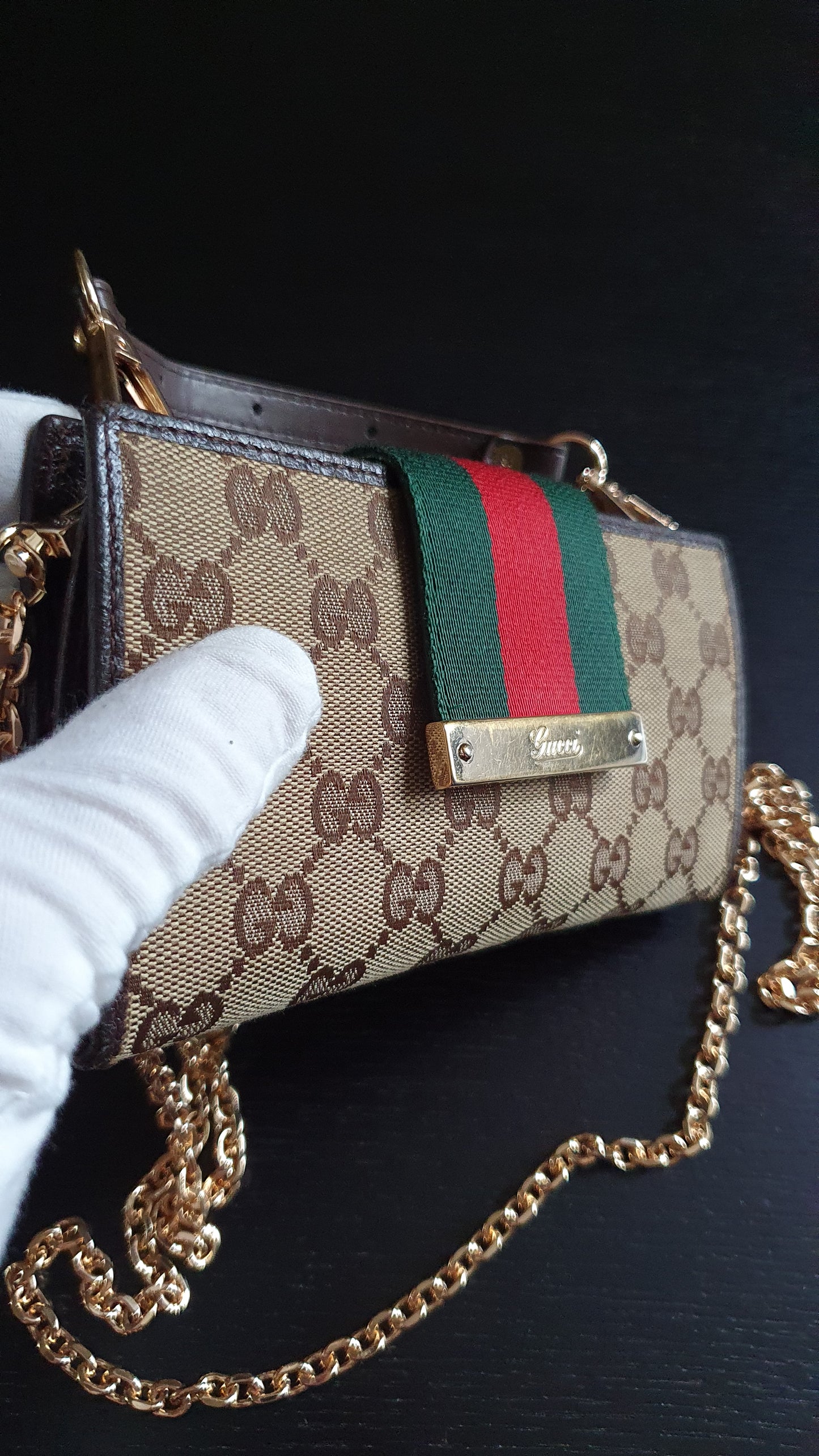 Authentic Gucci Upcycle Canvas Wallet with Strap and Chain