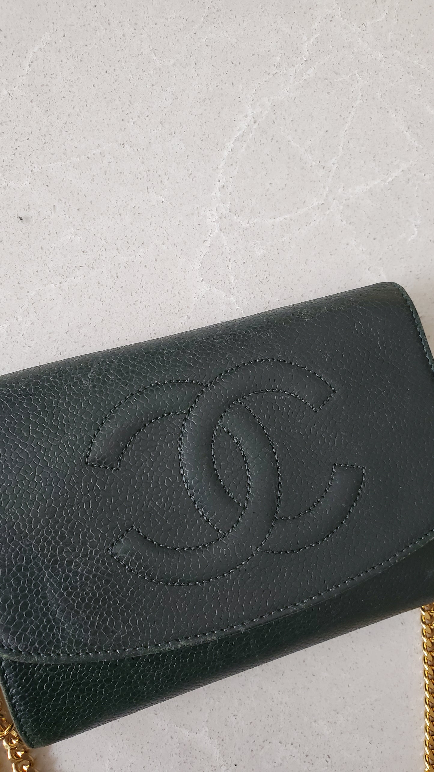 Authentic Chanel Upcycle Green Caviar Wallet on Chain