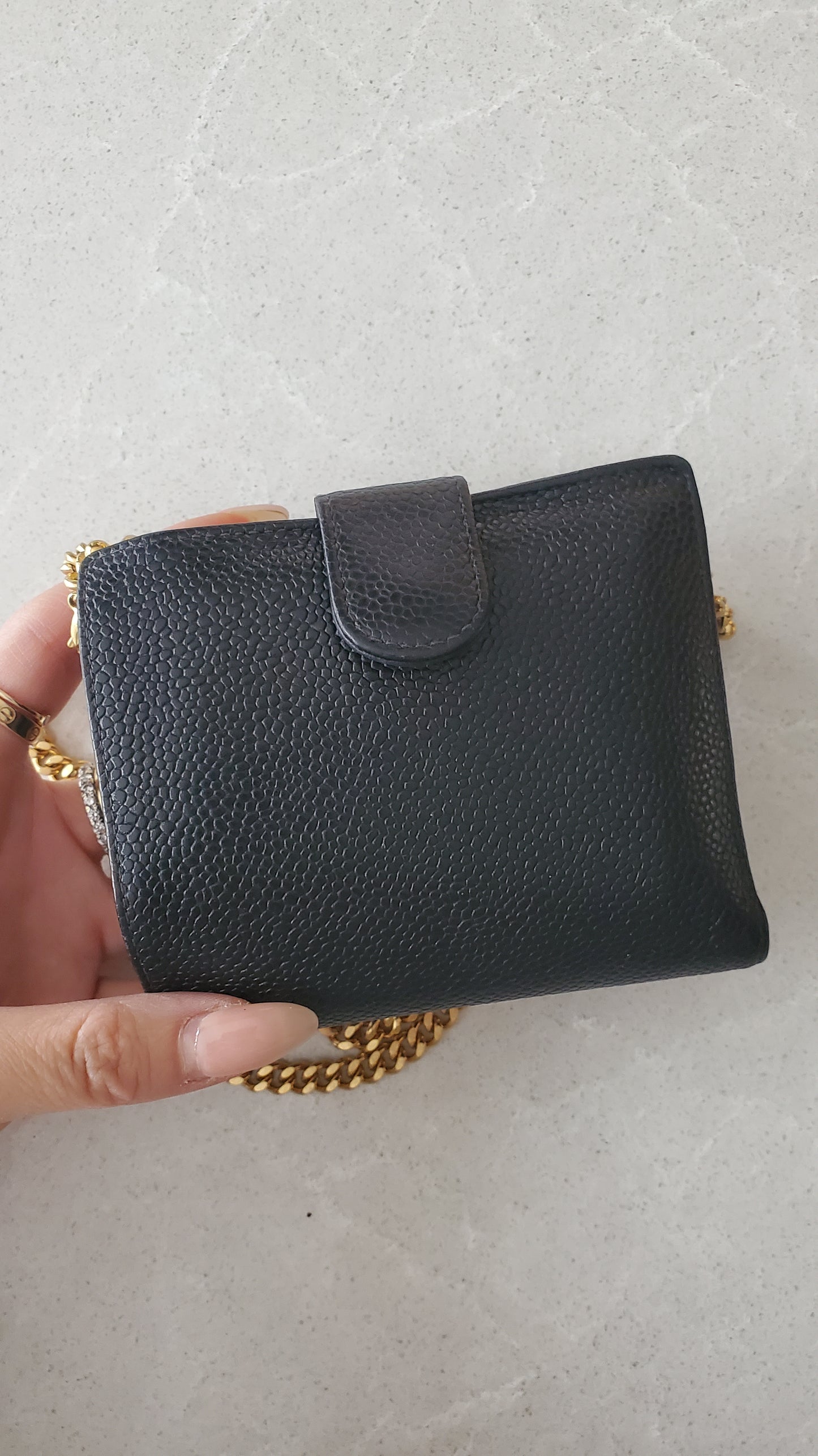 Authentic Vintage Chanel Upcycle Black Caviar Compact Wallet on Chain