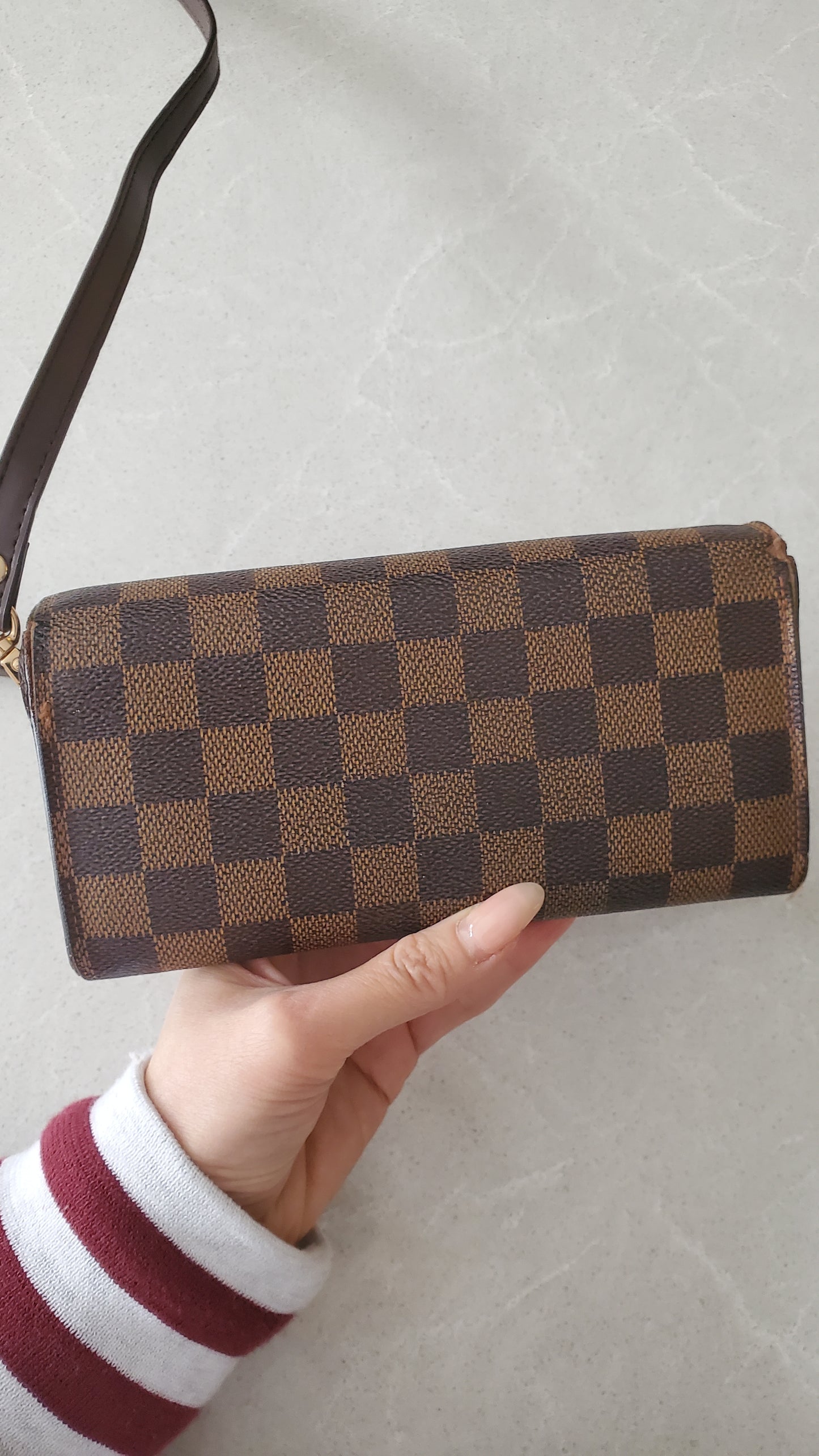 Authentic Vintage Louis Vuitton Brown Damier Upcycle Long Wallet with Strap