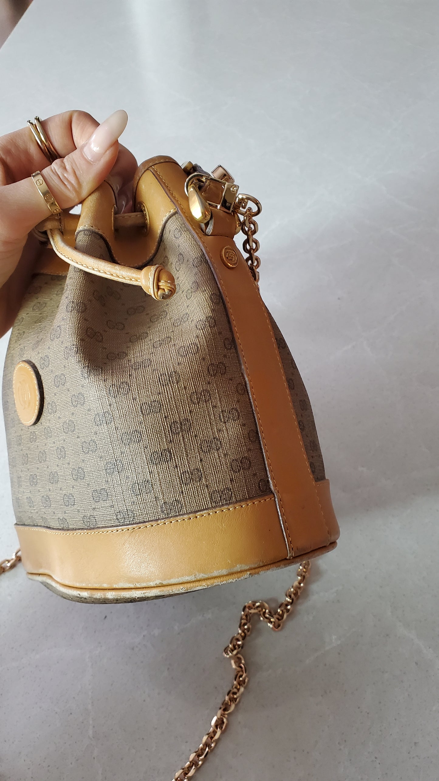 Authentic Vintage Gucci Small Tan Bucket Bag with Chain