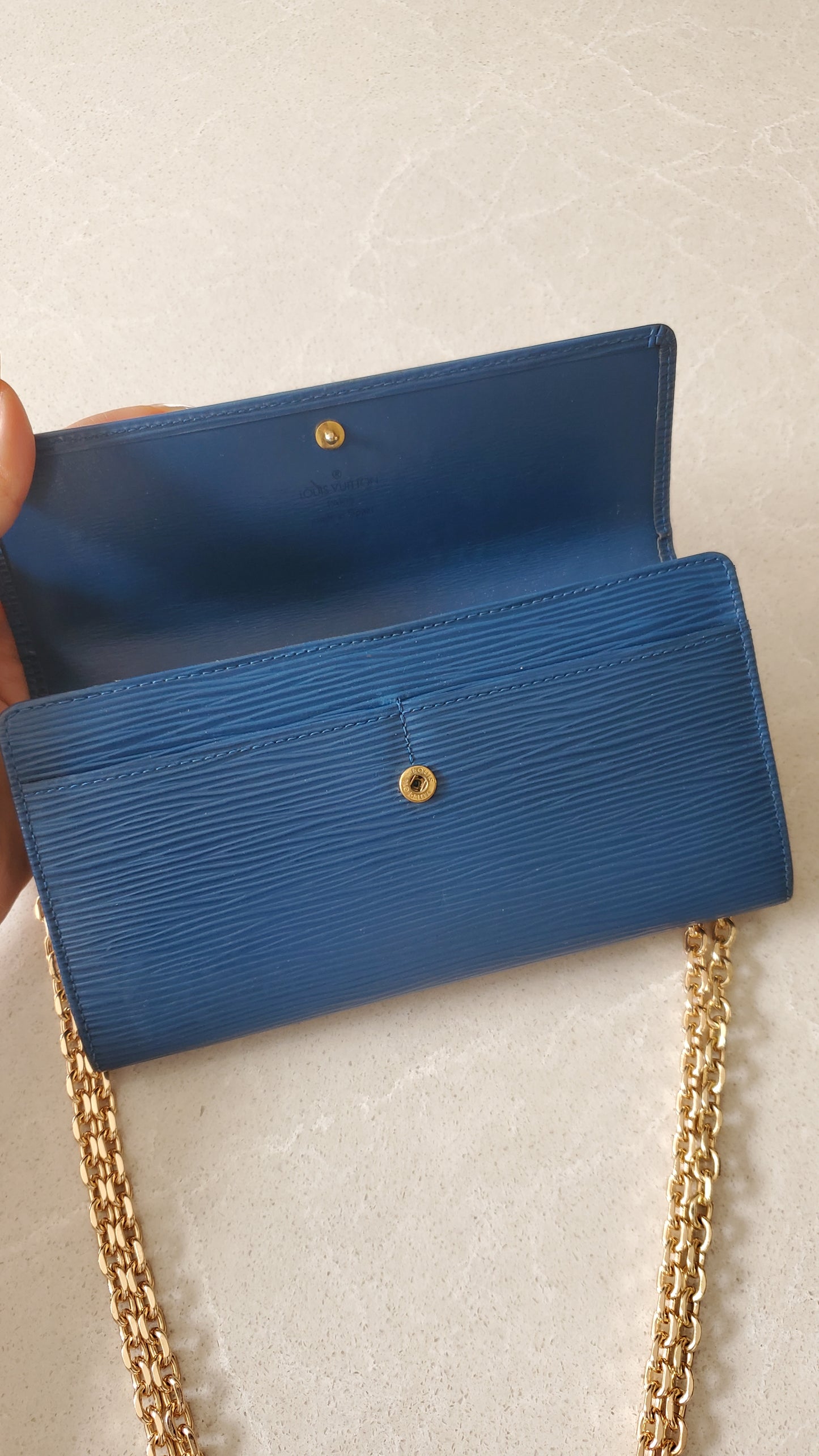 Authentic Louis Vuitton Upcycle Blue Epi Long Wallet on Chain