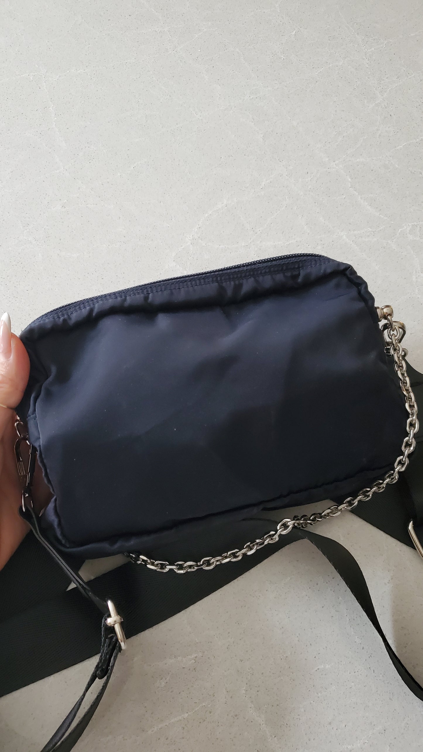 Authentic Prada Upcycle (Dark Navy) Nylon Pouch on Chain & Strap