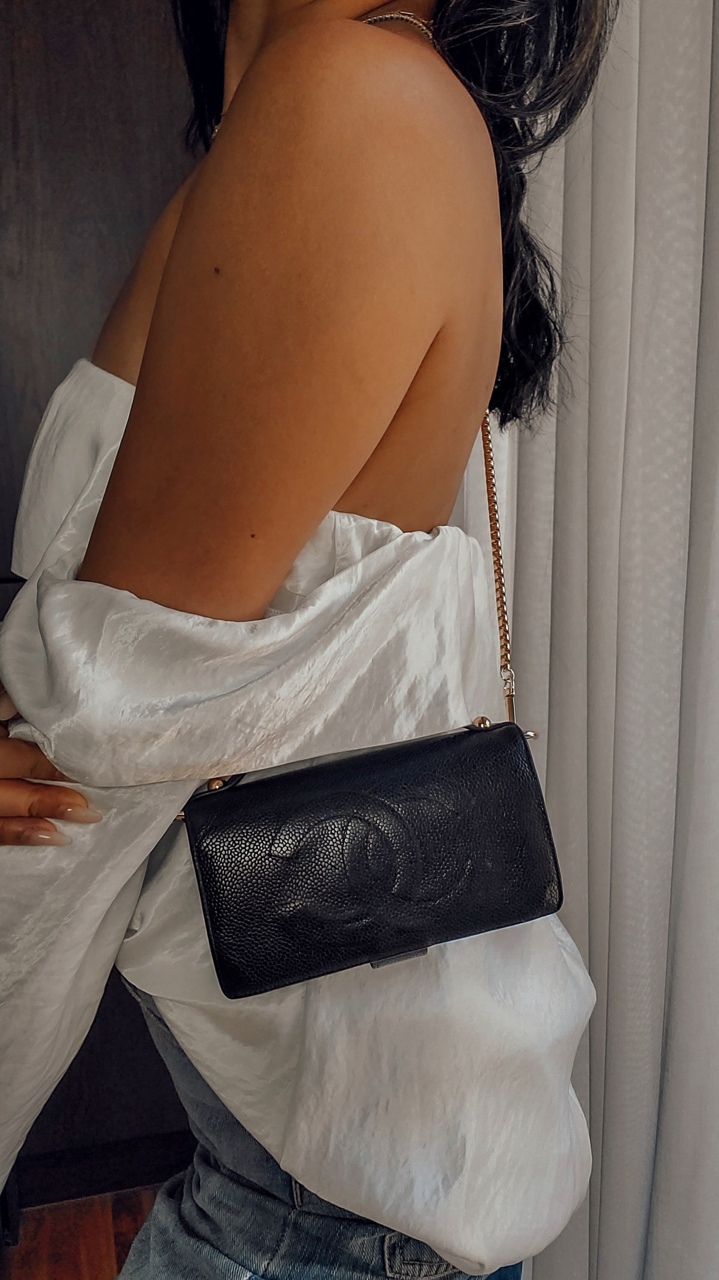Authentic Chanel Upcycle Black Caviar Long Wallet with Strap & Chain