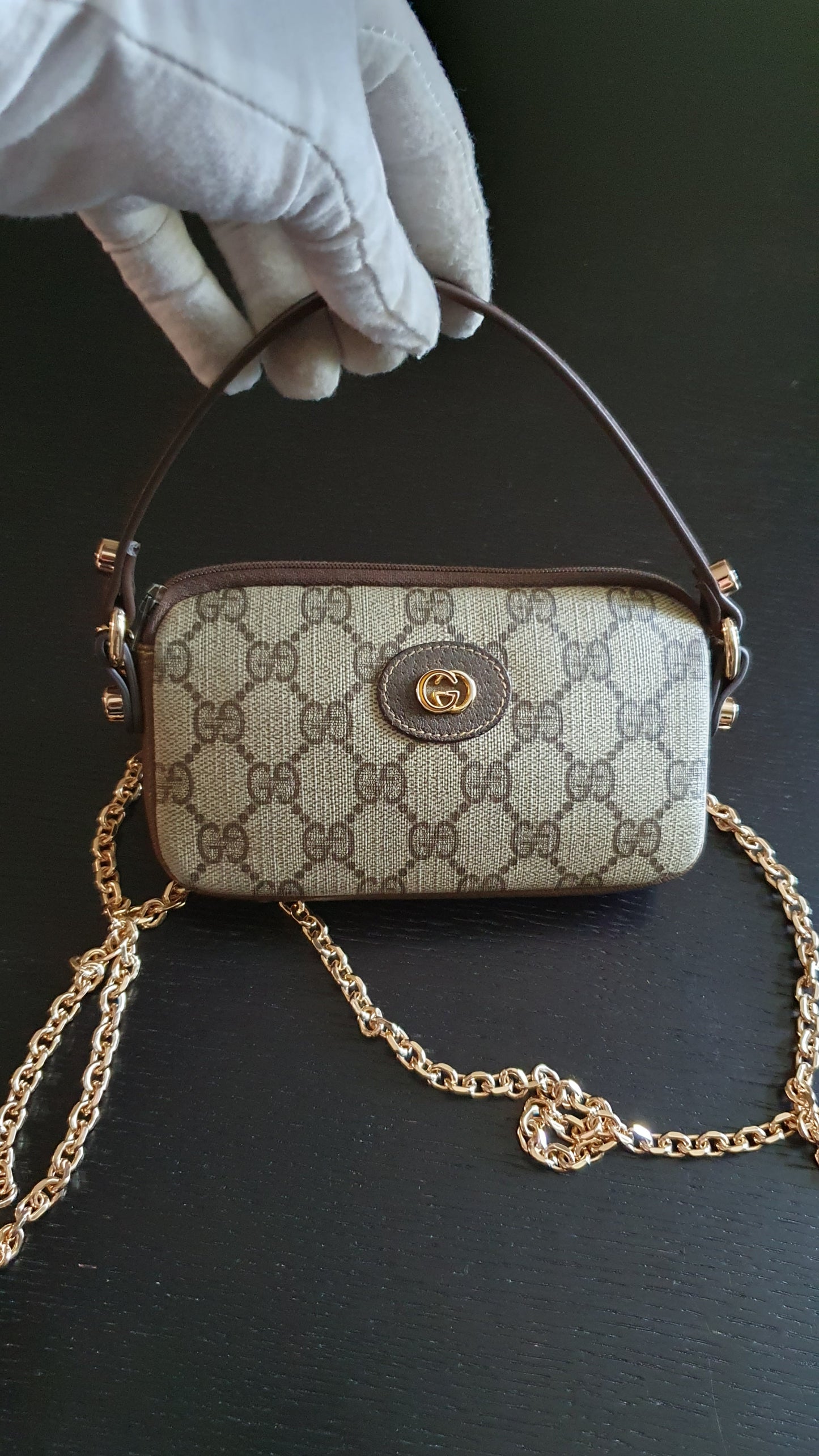 Authentic Vintage Gucci Upcycle Small Brown Pouch with Chain & Strap