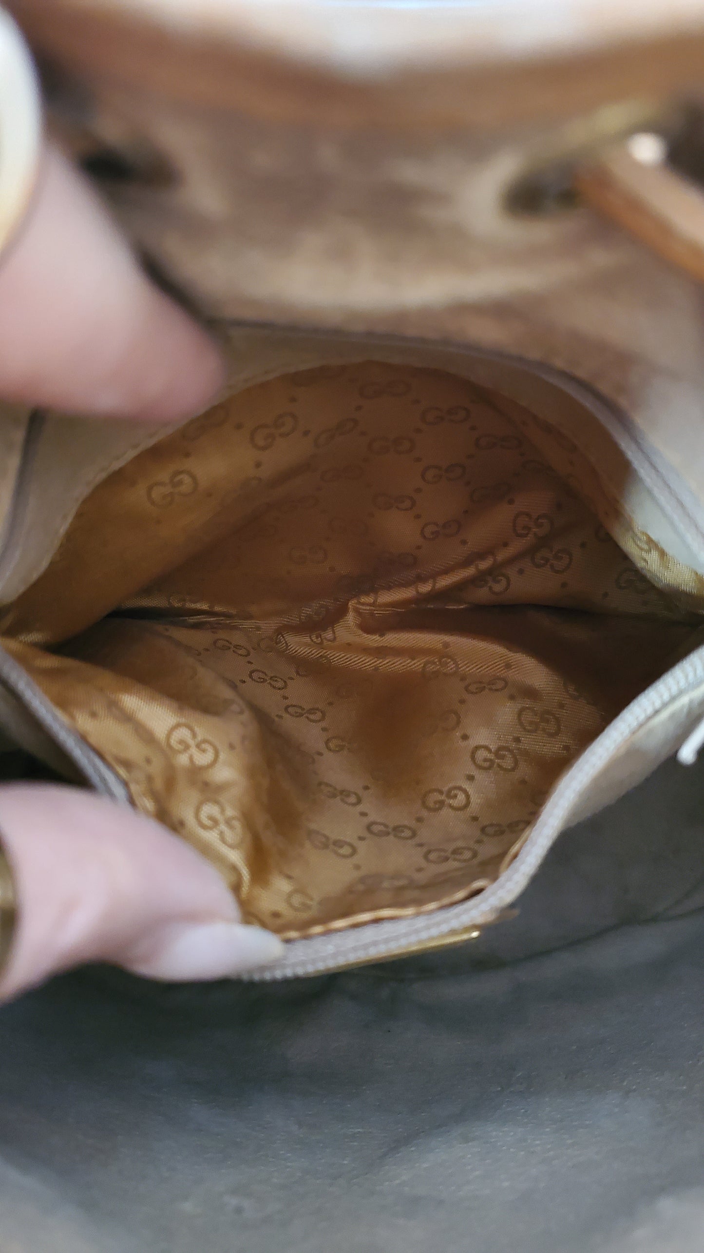 Authentic Vintage Gucci Small Tan Bucket Bag with Chain