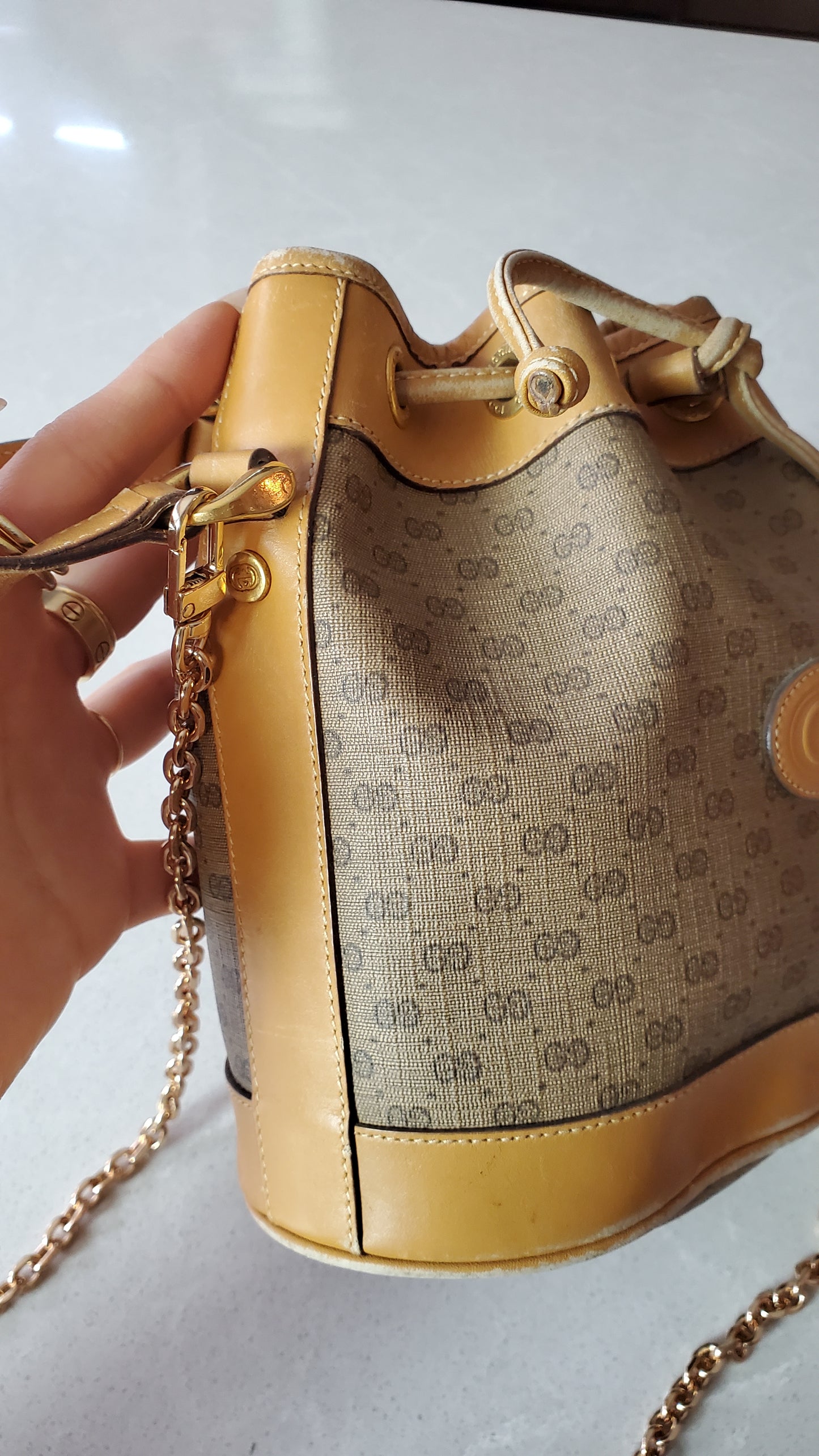 Authentic Vintage Gucci Small Tan Bucket Bag with Chain