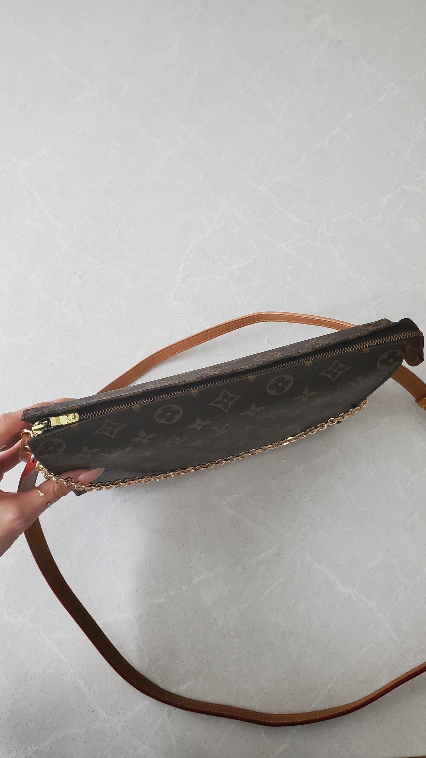 Authentic Vintage Louis Vuitton Upcycle Toiletry Pouch (Grey Insert) with Chain & 2 Straps