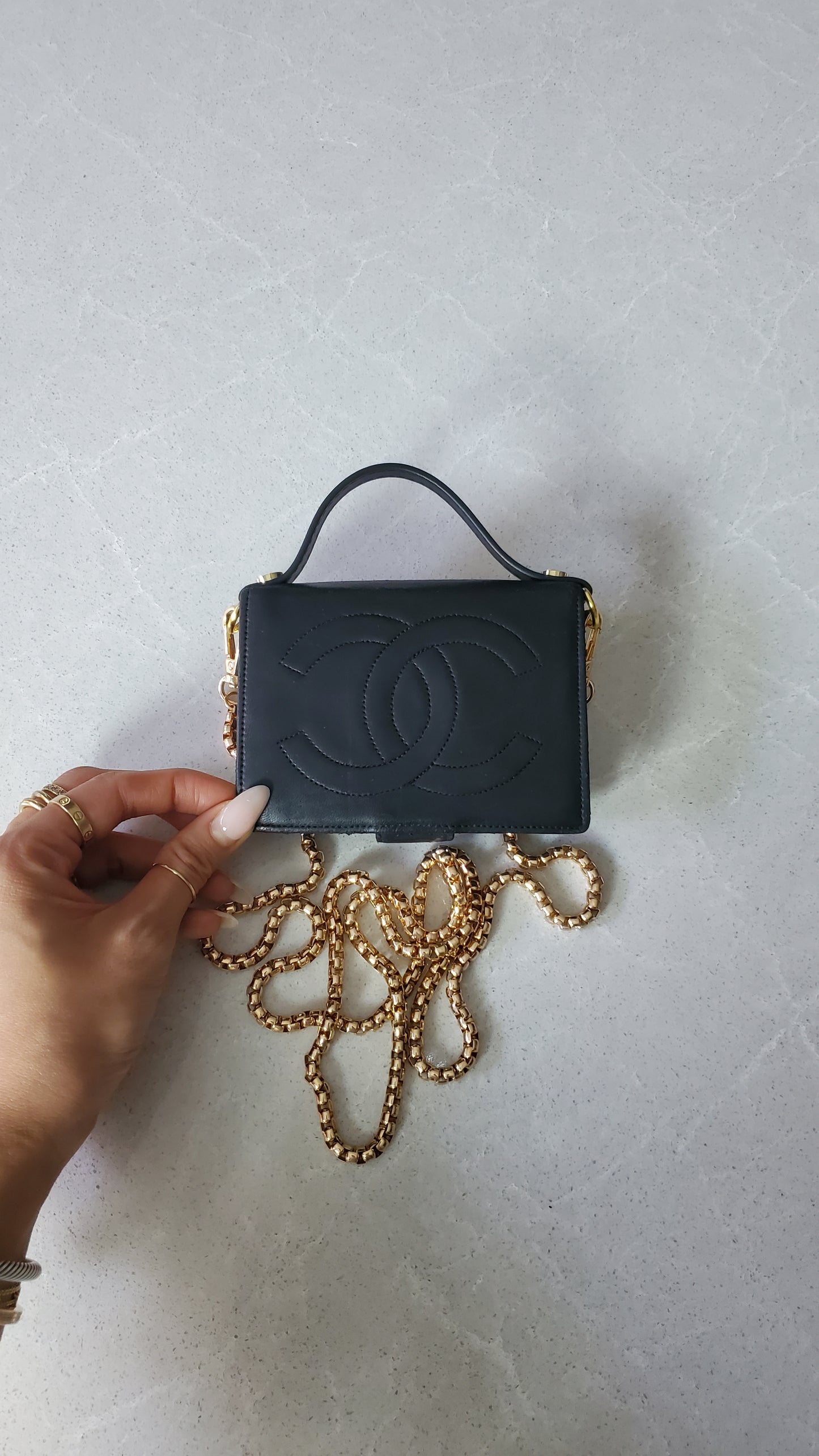 Authentic Chanel Upcycle Small Black Leather Wallet with Strap and Chain