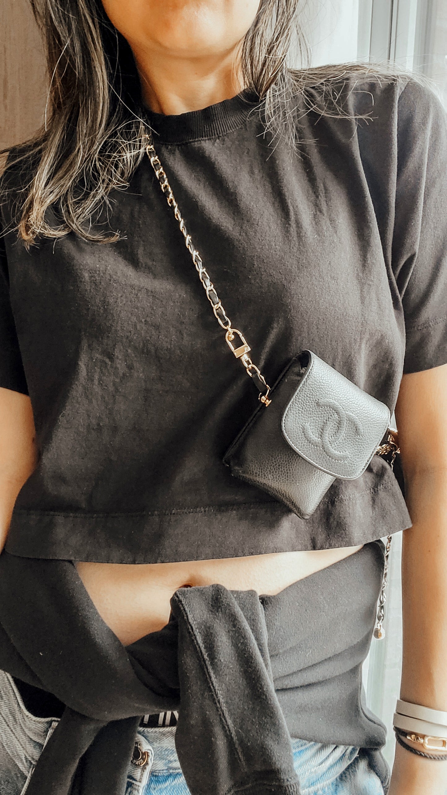 Authentic Vintage Chanel Upcycle Versatile Black Caviar Small Pouch on Chain (2 chains option)