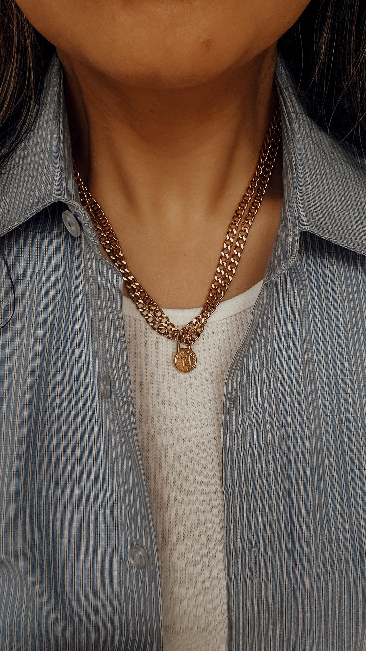 Authentic Vintage Fendi Upcycle Gold Cuban Chain Layers Necklace