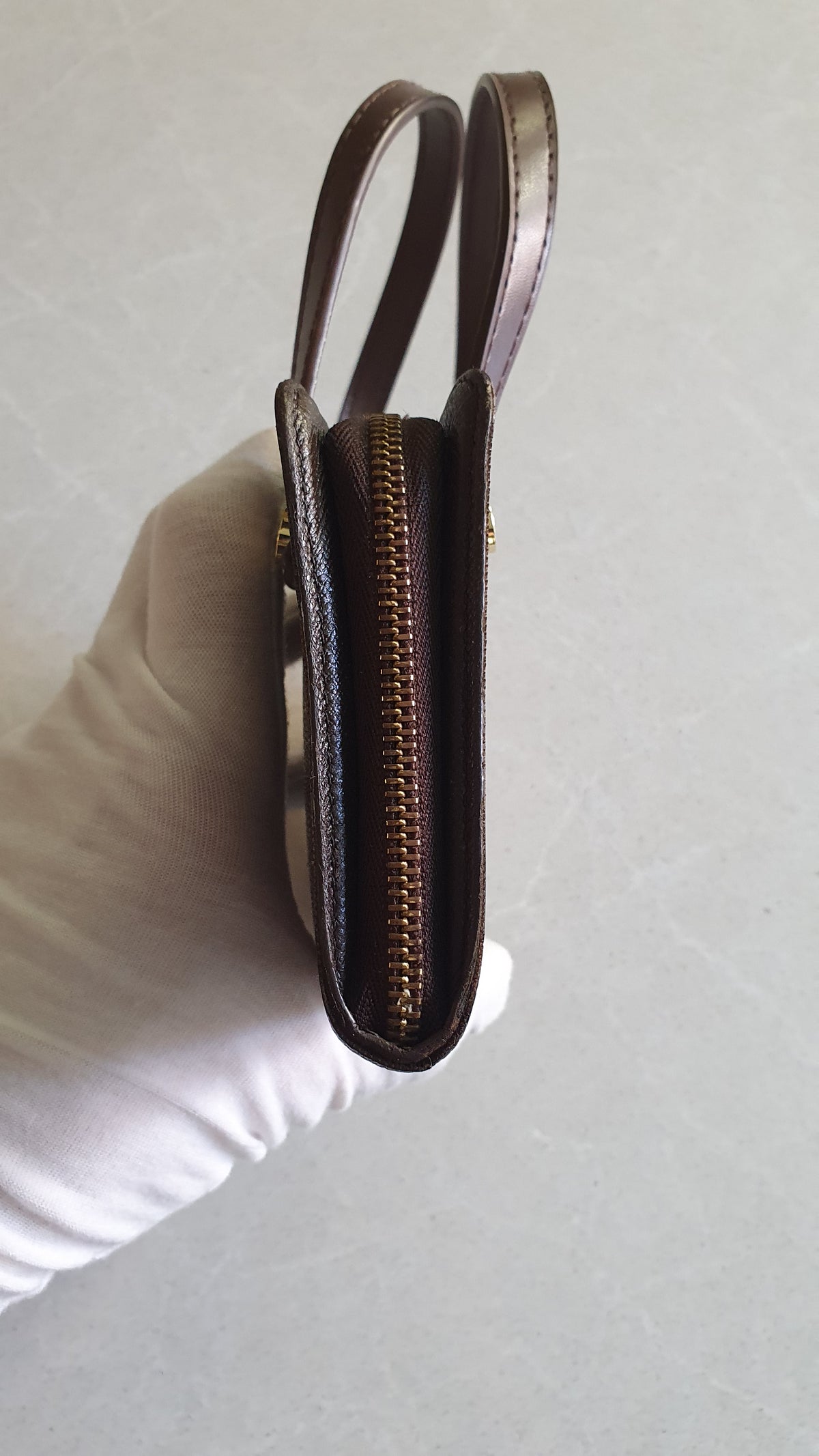 Authentic Vintage Louis Vuitton Upcycle Brown Damier Zip Wallet with Two Handles