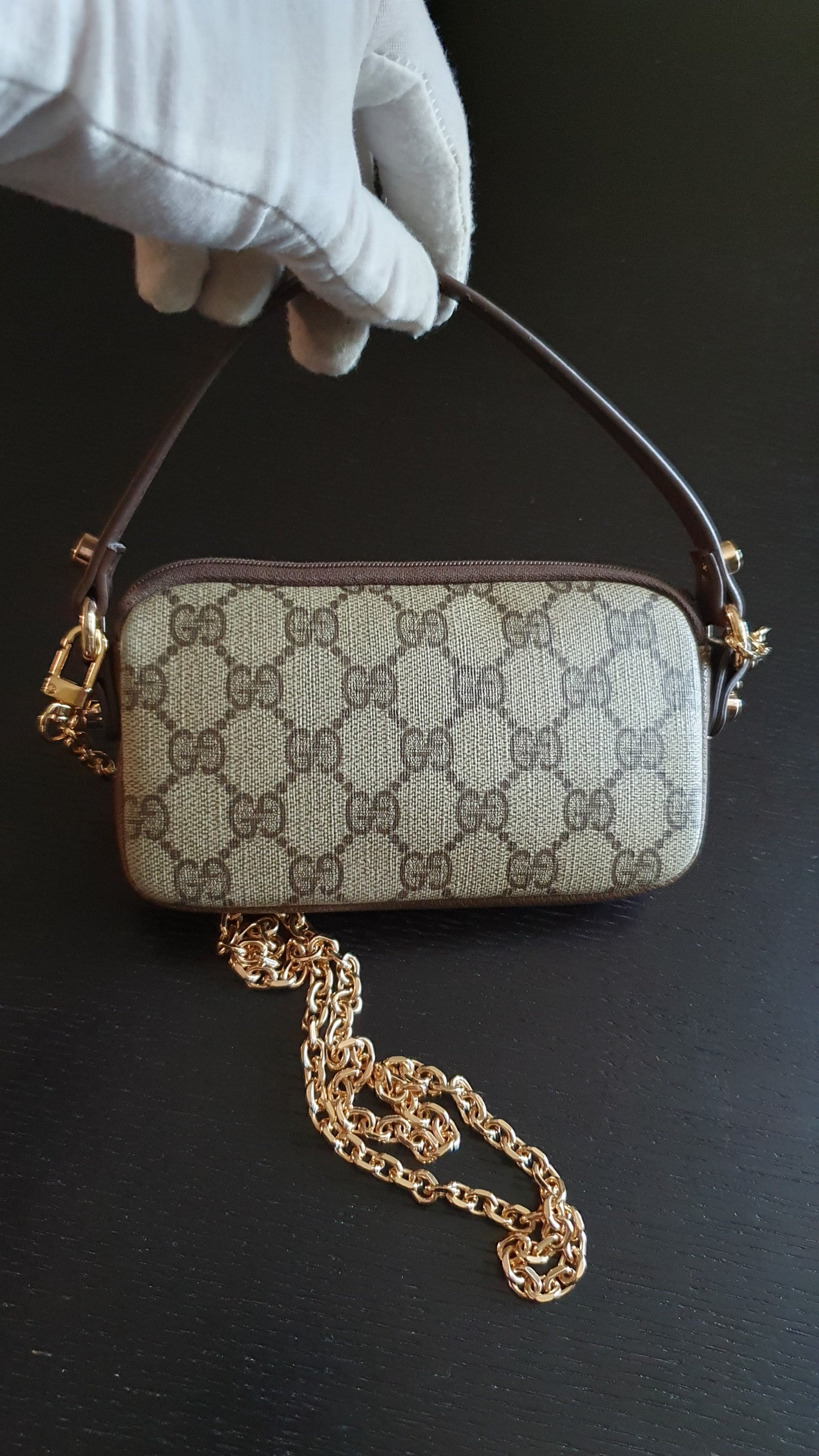 Authentic Vintage Gucci Upcycle Small Brown Pouch with Chain & Strap