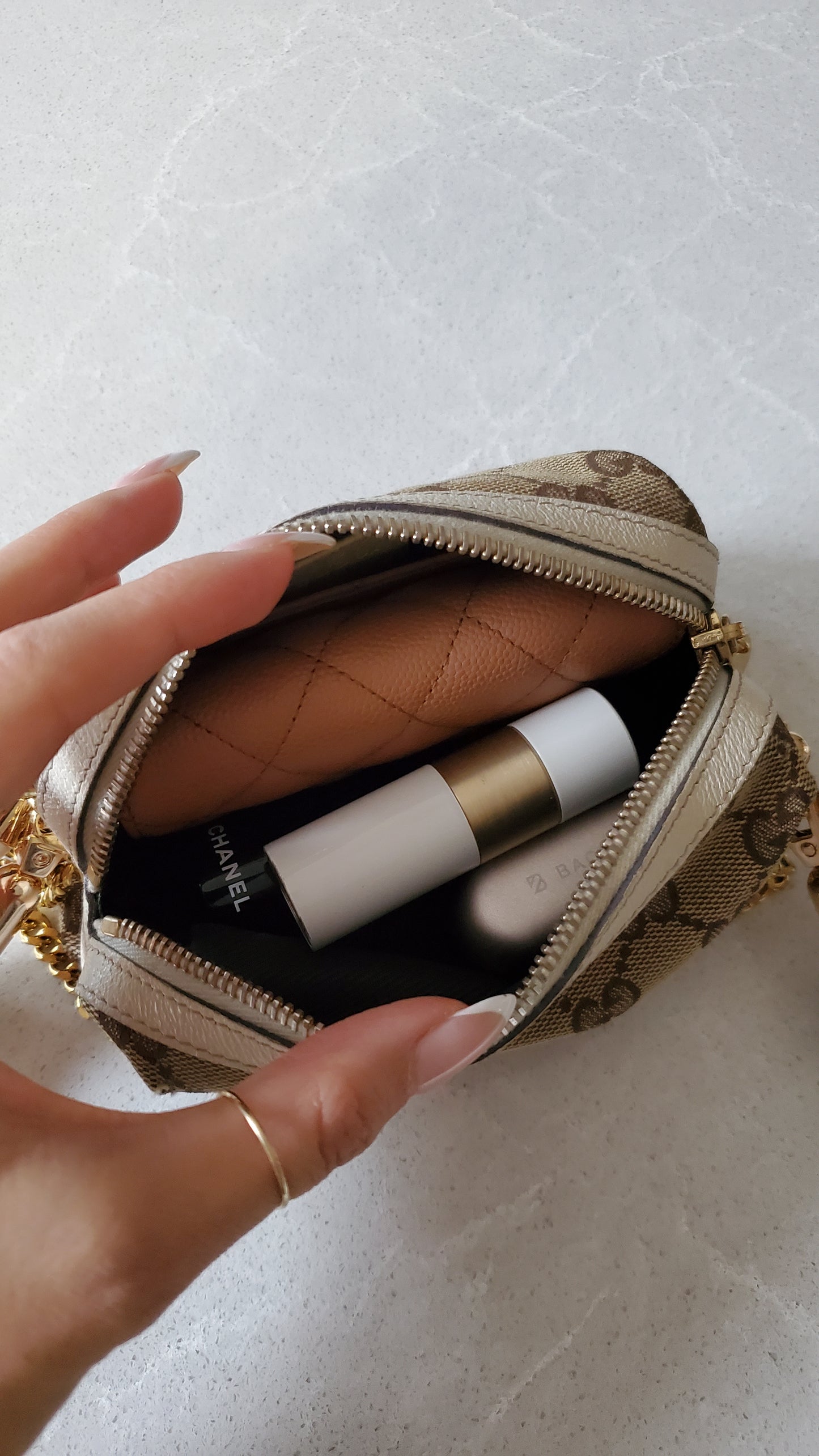 Authentic Vintage Gucci Upcycle Tan Fabric Pouch on Chain & Strap