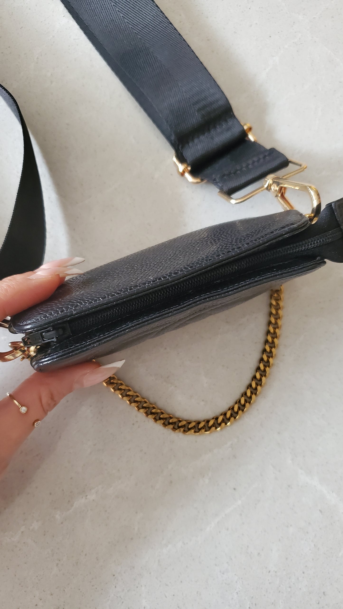 Authentic Chanel Upcycle Black Caviar Small Pouch on Chain & Strap