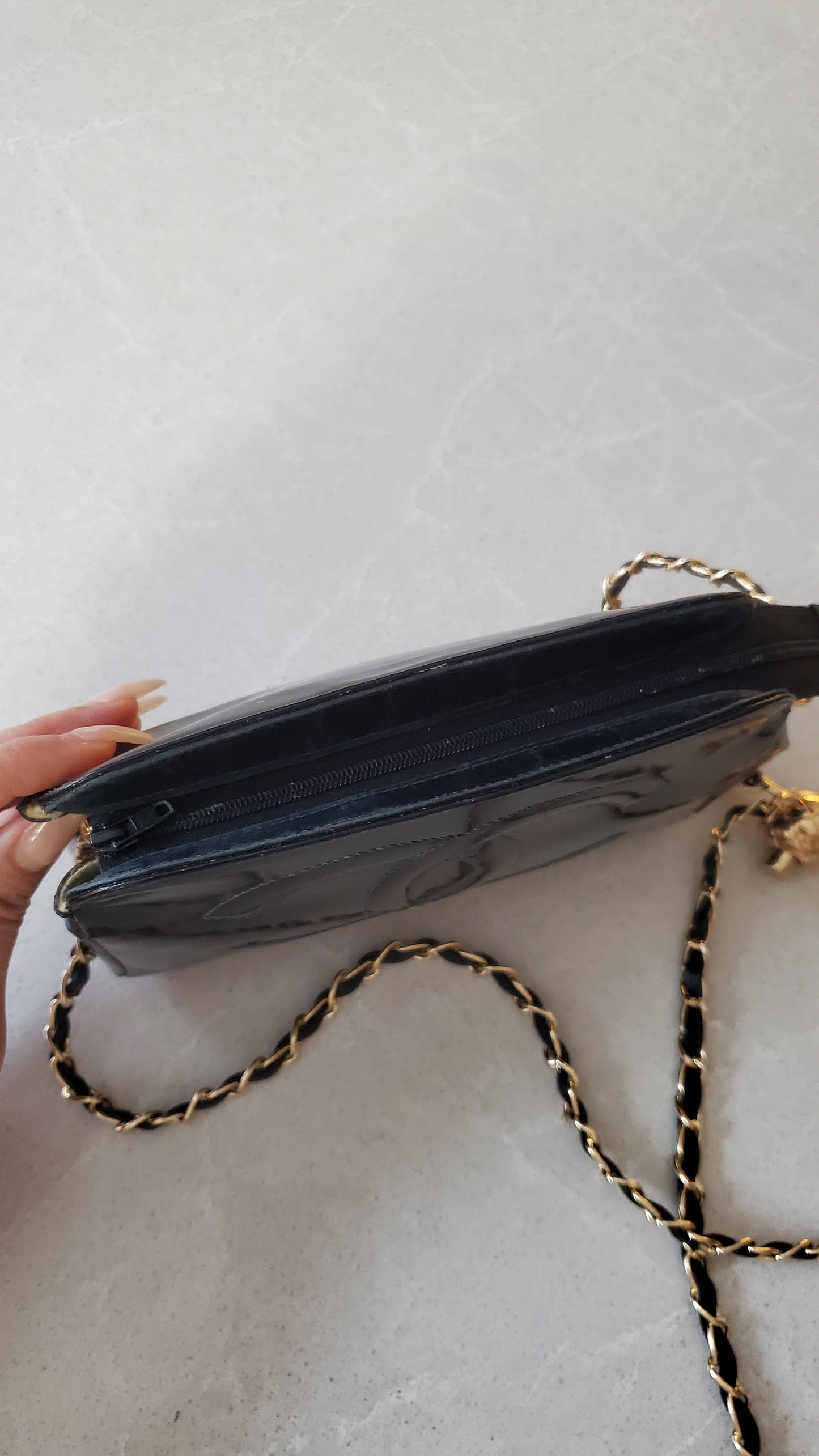 Authentic Vintage Chanel Upcycle Black Patent Pouch with Chain