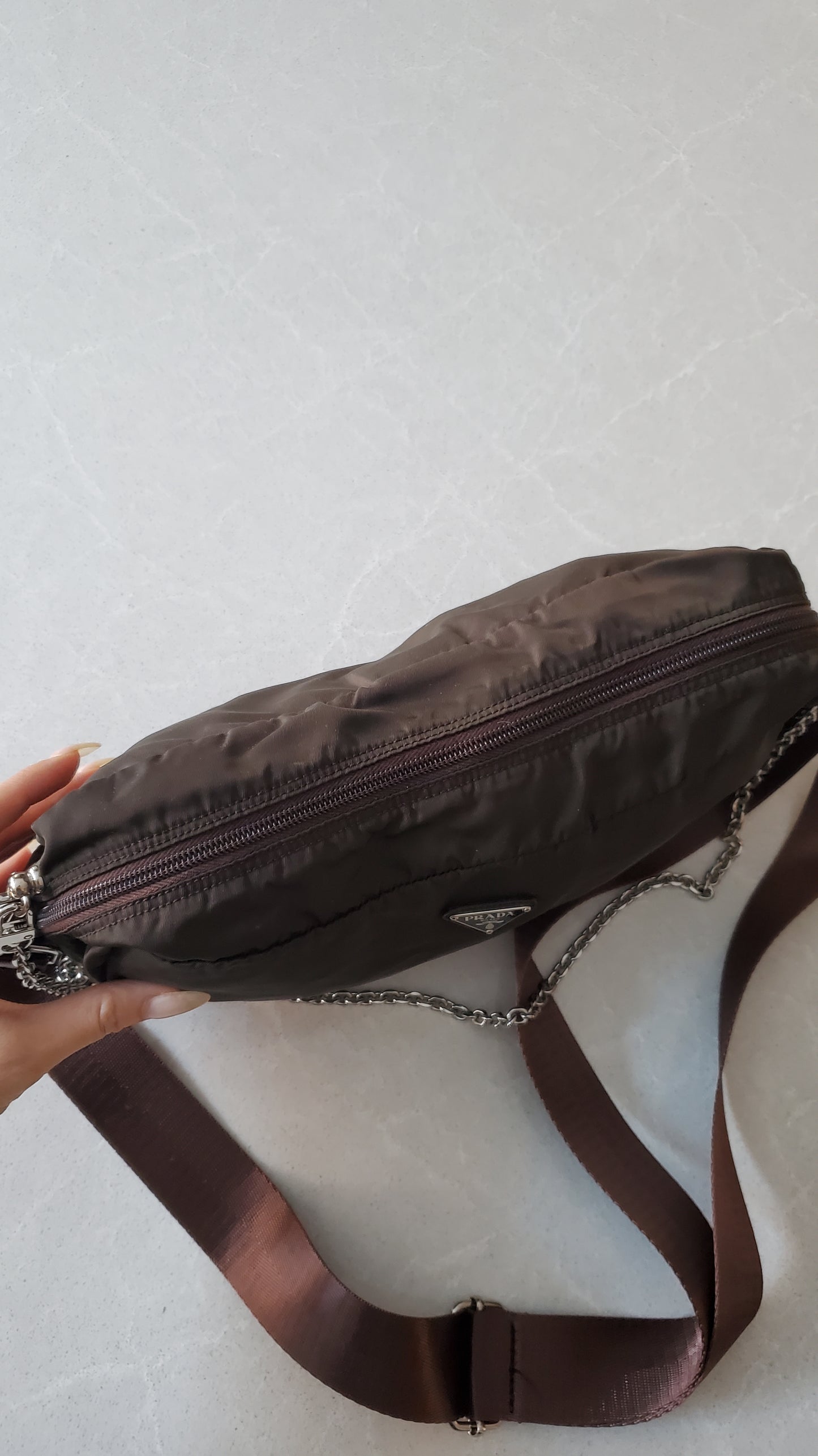 Authentic Prada (Dark Green/ Brown) Upcycle Large Nylon Pouch with Chain & Strap