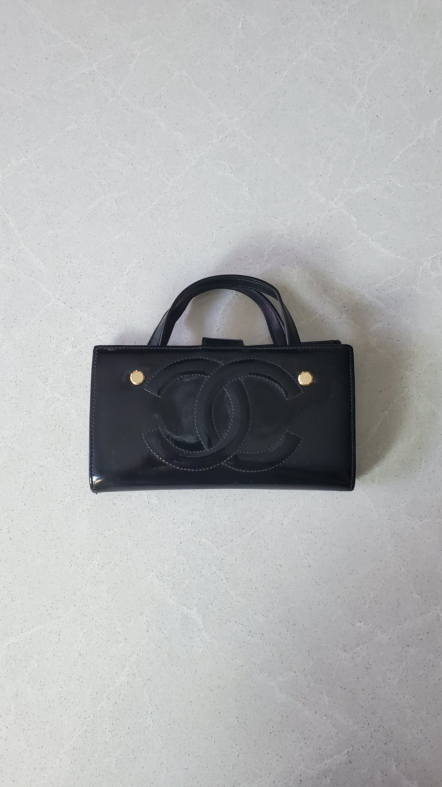 Authentic Chanel Upcycle Black Patent Wallet with Handle Straps