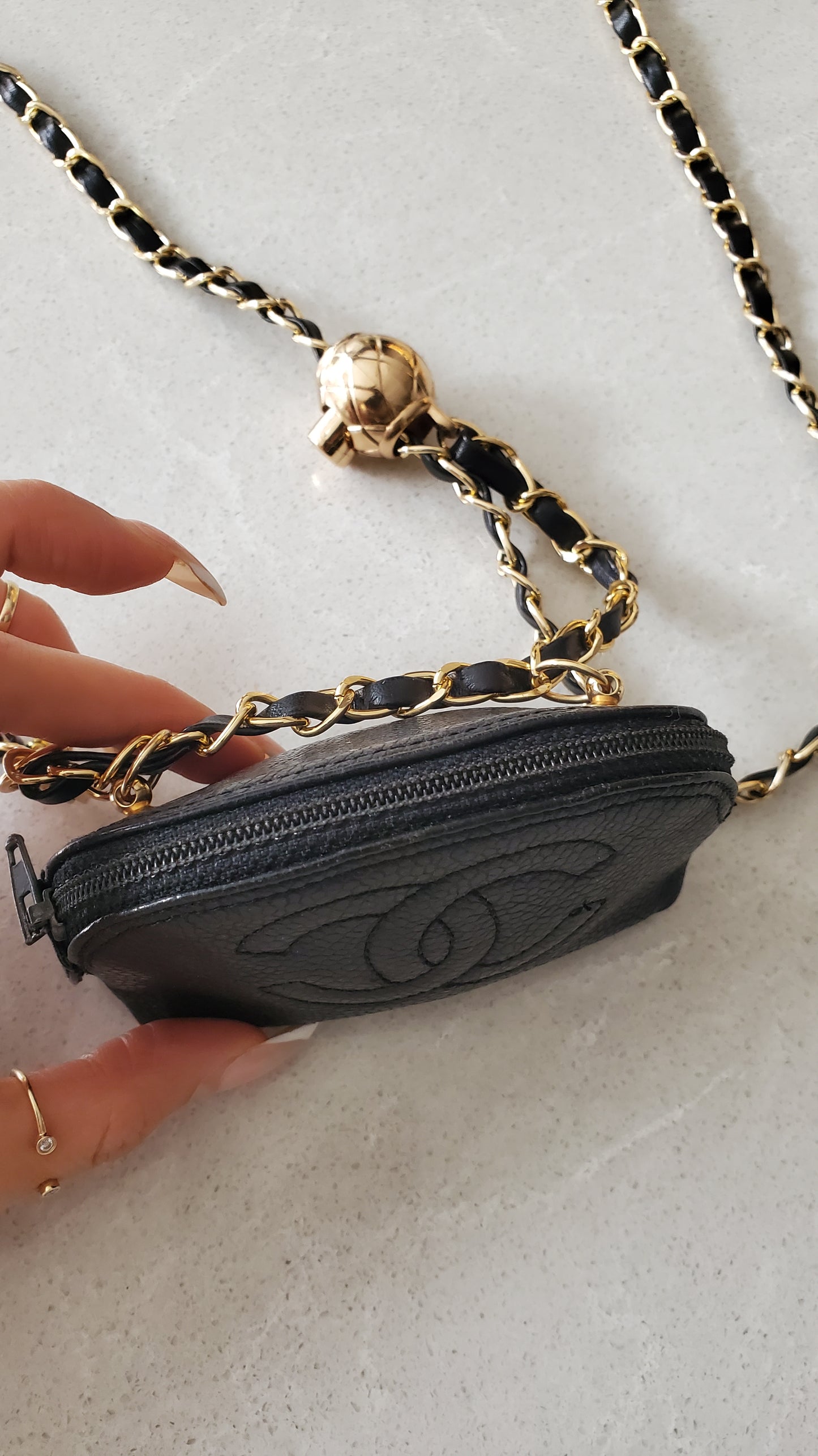 Authentic Vintage Chanel Upcycle Versatile Black Caviar Mini Pouch on Chain