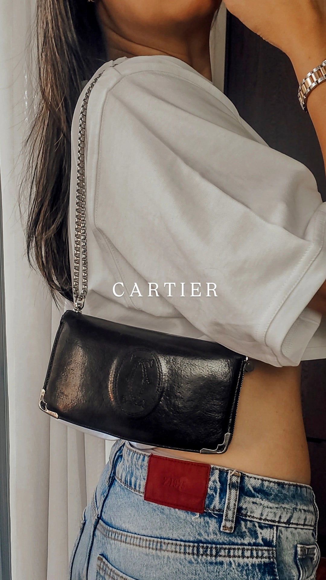 Authentic Vintage Cartier Upcycle Black Leather Wallet with Chain