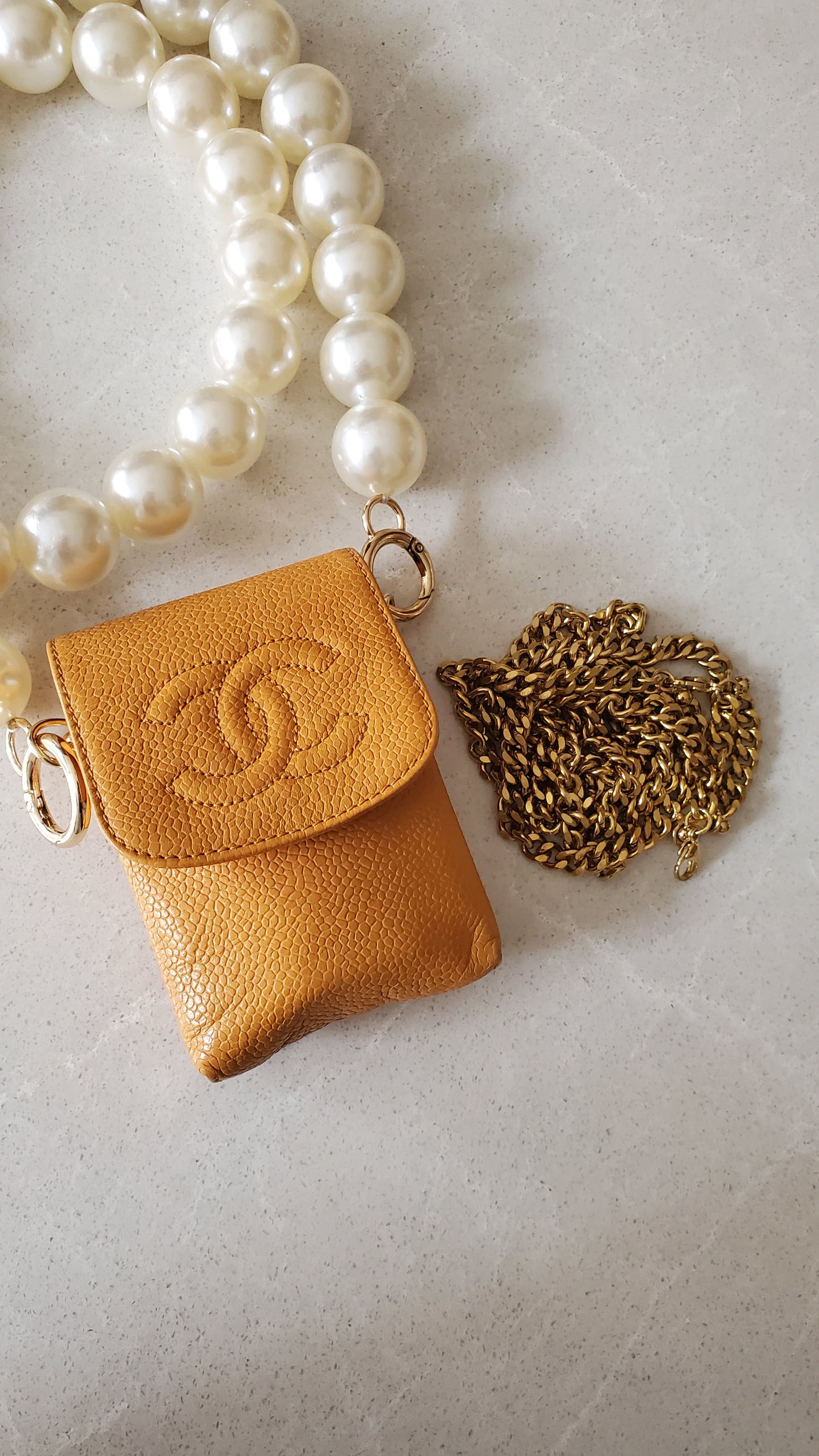 *Rare* Authentic Vintage Chanel Upcycle Yellow Caviar Pouch on Chain (2 chain options)