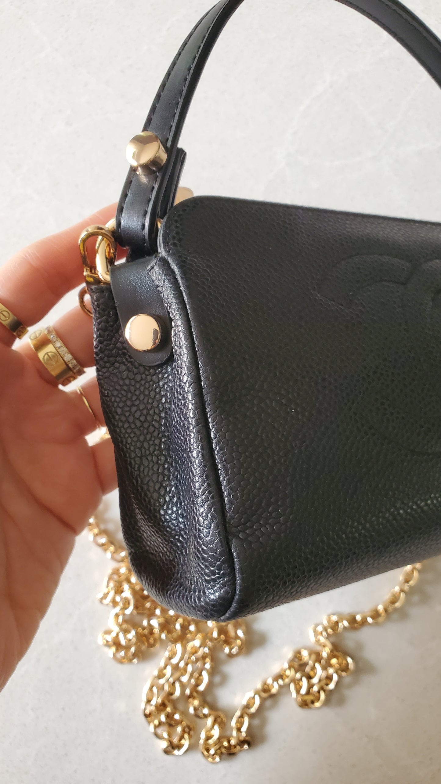 Authentic Vintage Chanel Caviar Perfect Size Upcycle Pouch/ Purse with Handle Strap & Chain