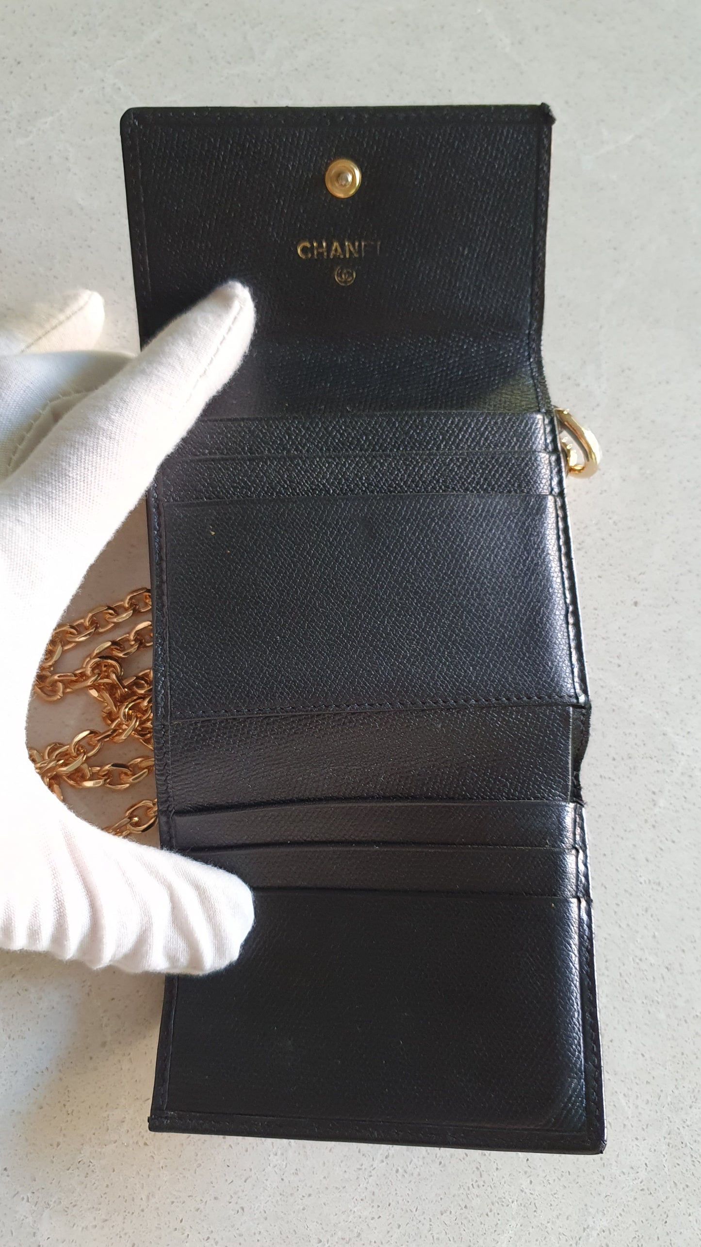 Authentic Chanel Upcycle Small Black Caviar Wallet with Strap and Chain