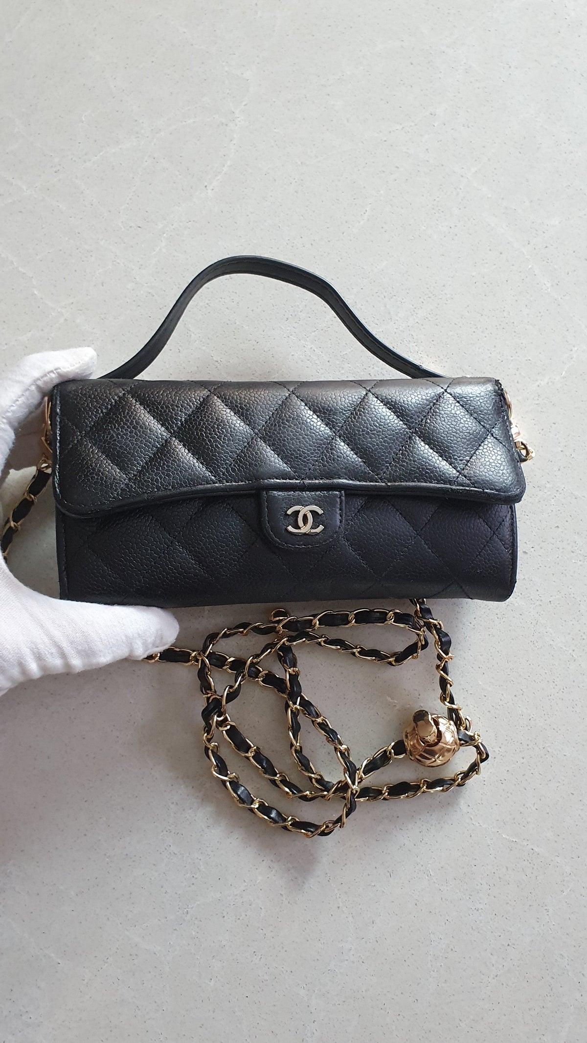 Authentic Chanel Upcycle Black Caviar Long Wallet Purse with Strap & Chain