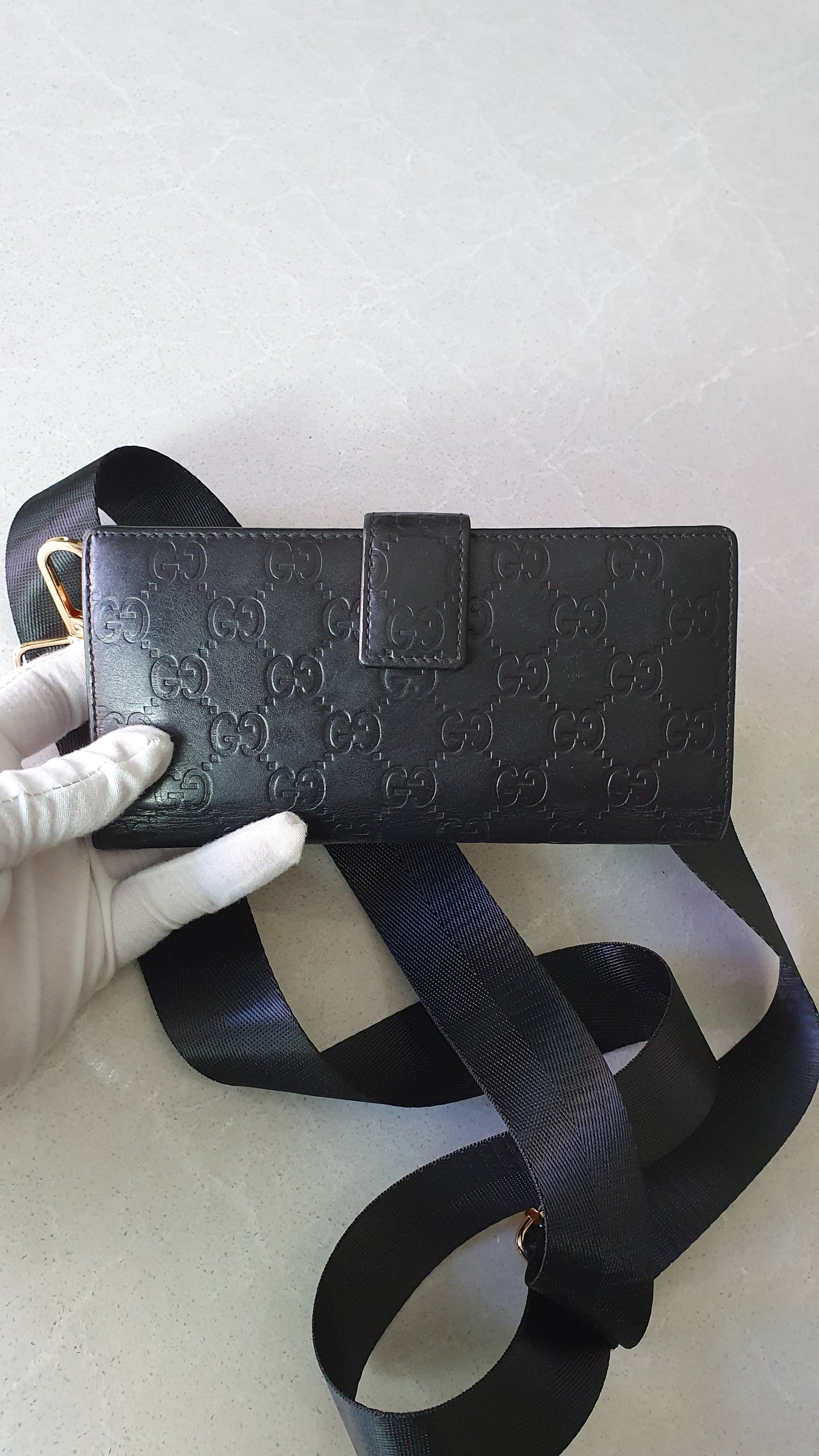 Authentic Gucci Upcycle Long Black Leather Wallet with Strap