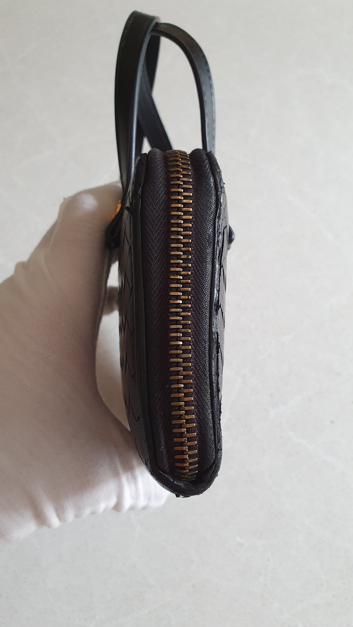 Authentic Bottega Veneta Upcycle Black Zip Wallet with Two Handles