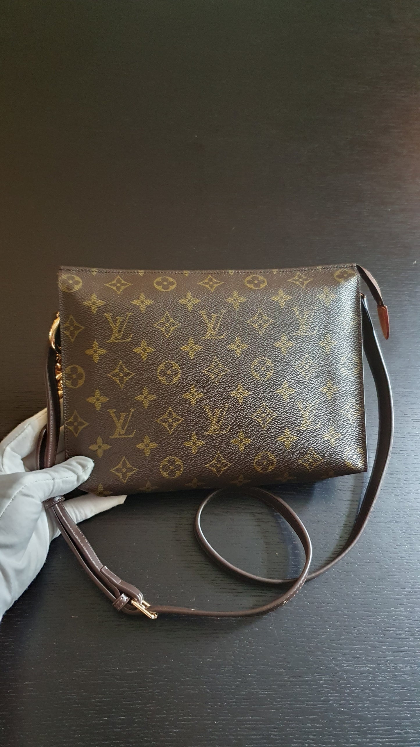 Authentic Vintage Louis Vuitton Upcycle Toiletry Pouch (with grey insert) with Chain & Strap
