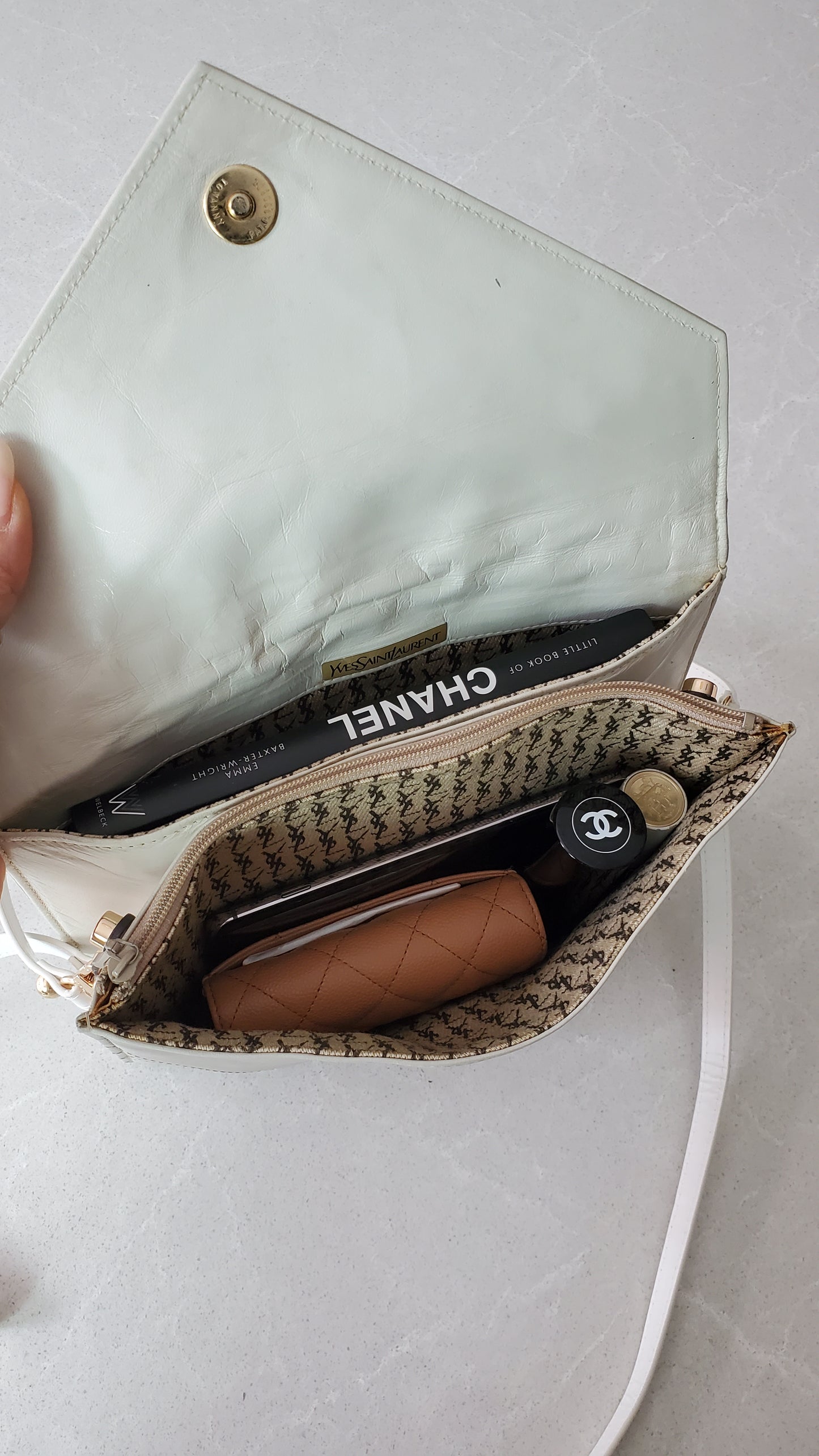 Authentic Vintage YSL Yves Saint Laurent Upcycle White Leather Multi Compartments Purse with Straps