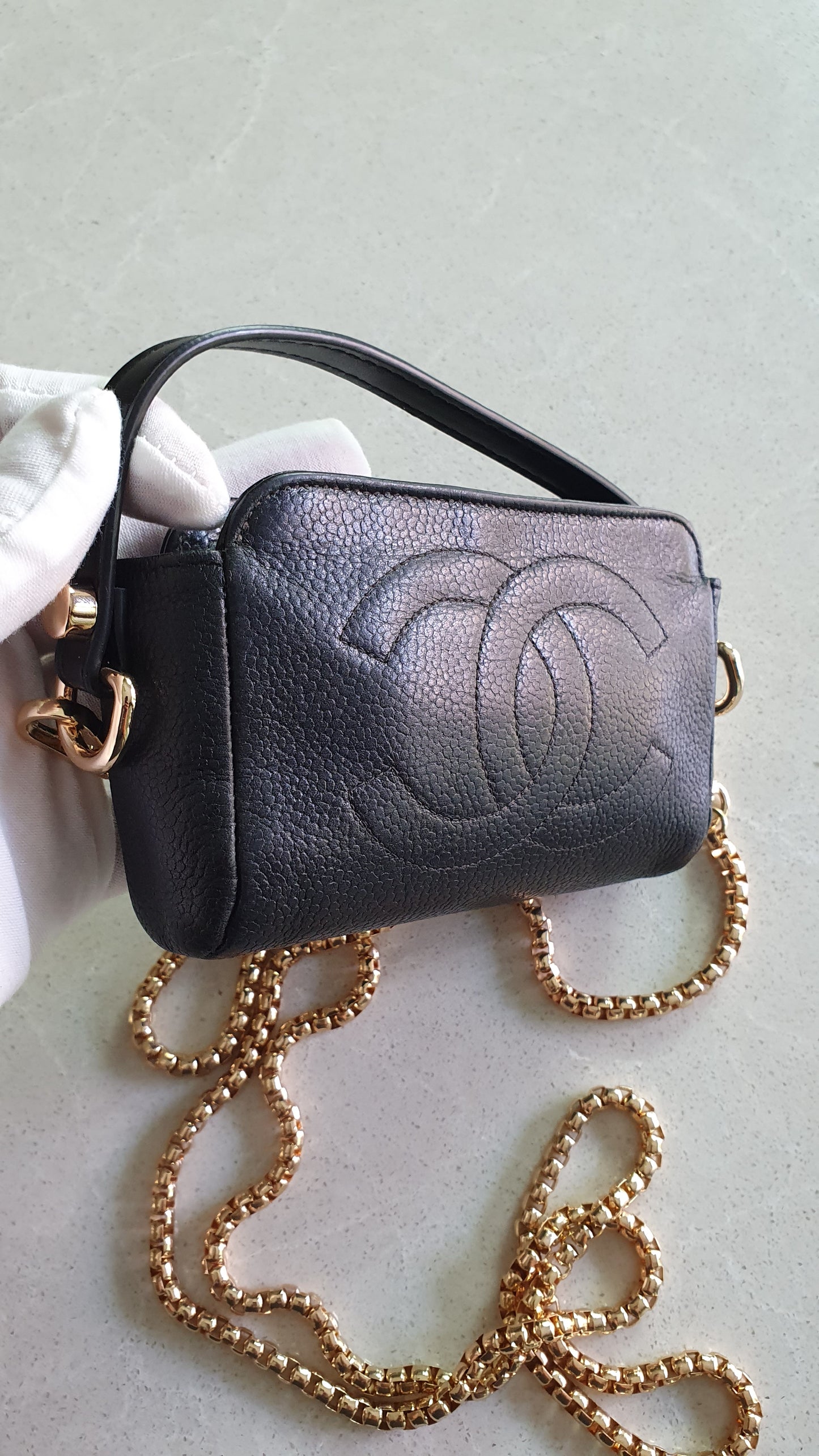 Authentic Chanel Upcycle Mini Black Caviar Pouch with Strap & Chain