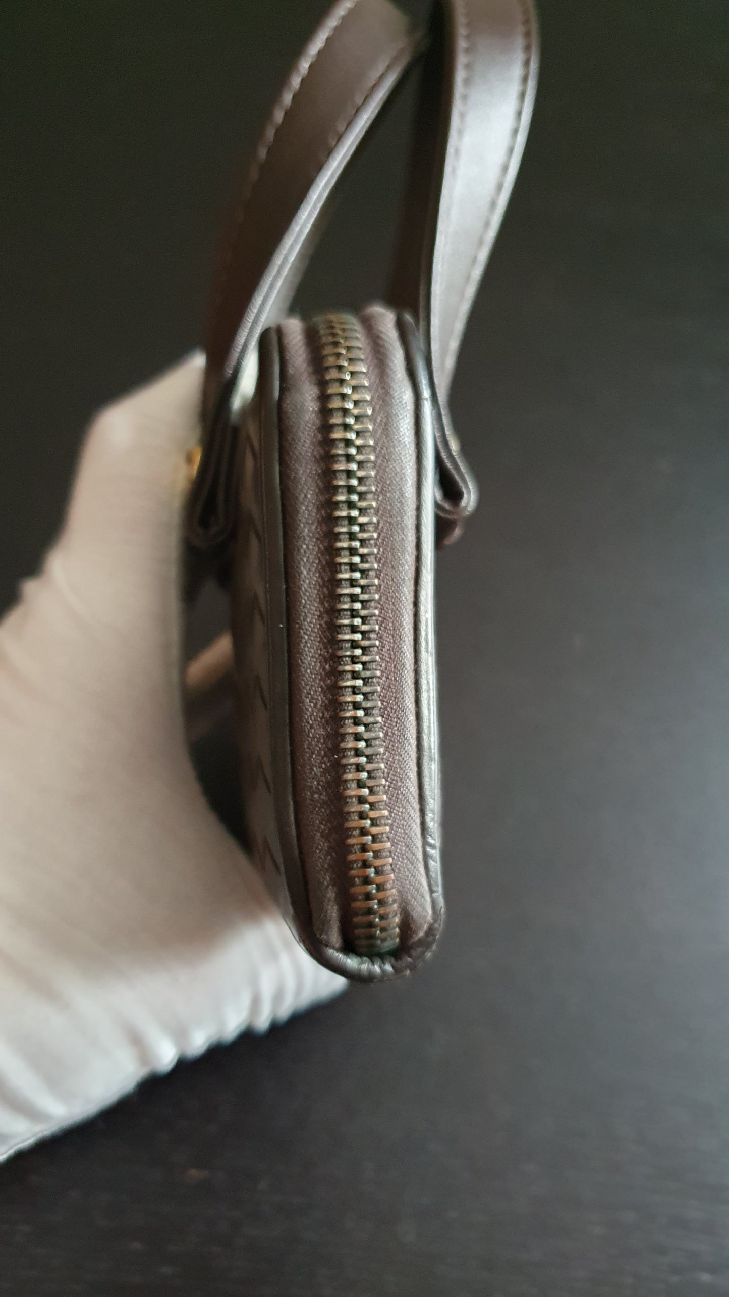 Authentic Bottega Veneta Upcycle Brown Zip Wallet with Two Handles