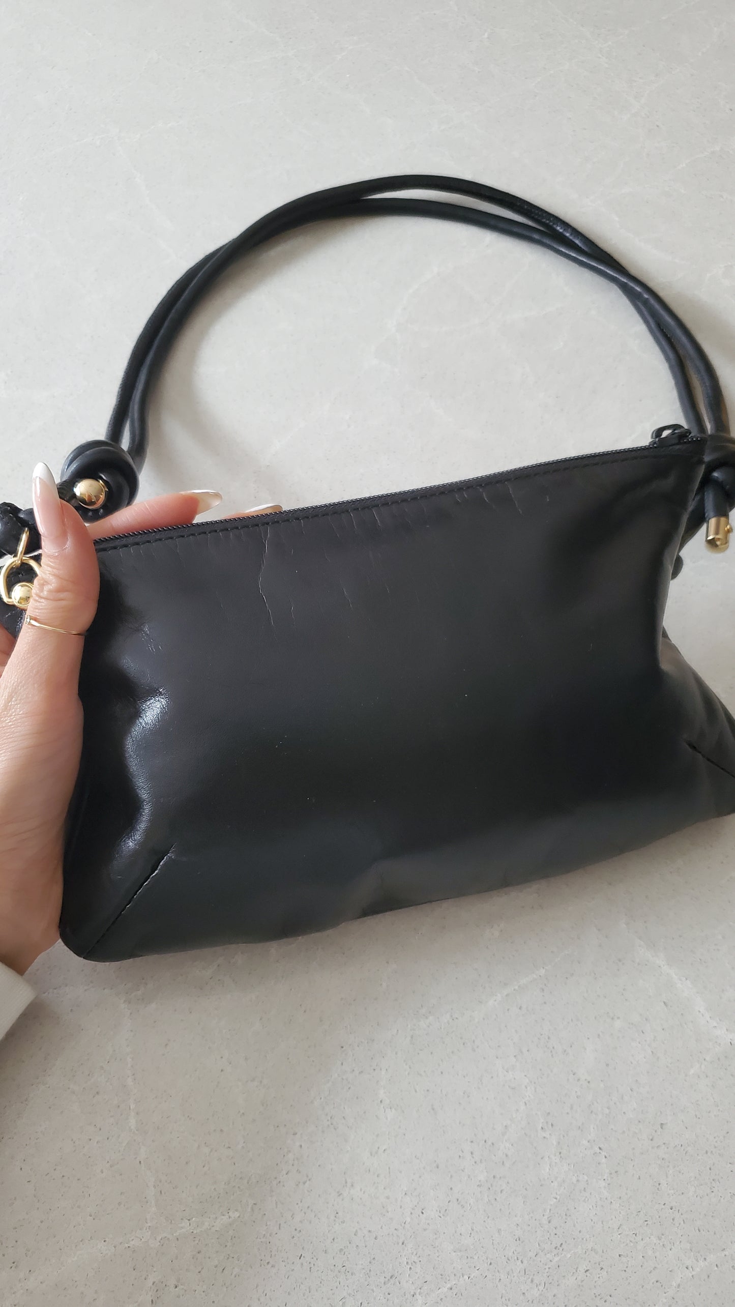 Authentic Vintage Loewe Upcycle Black Leather Perfect Size Pouch with Strap