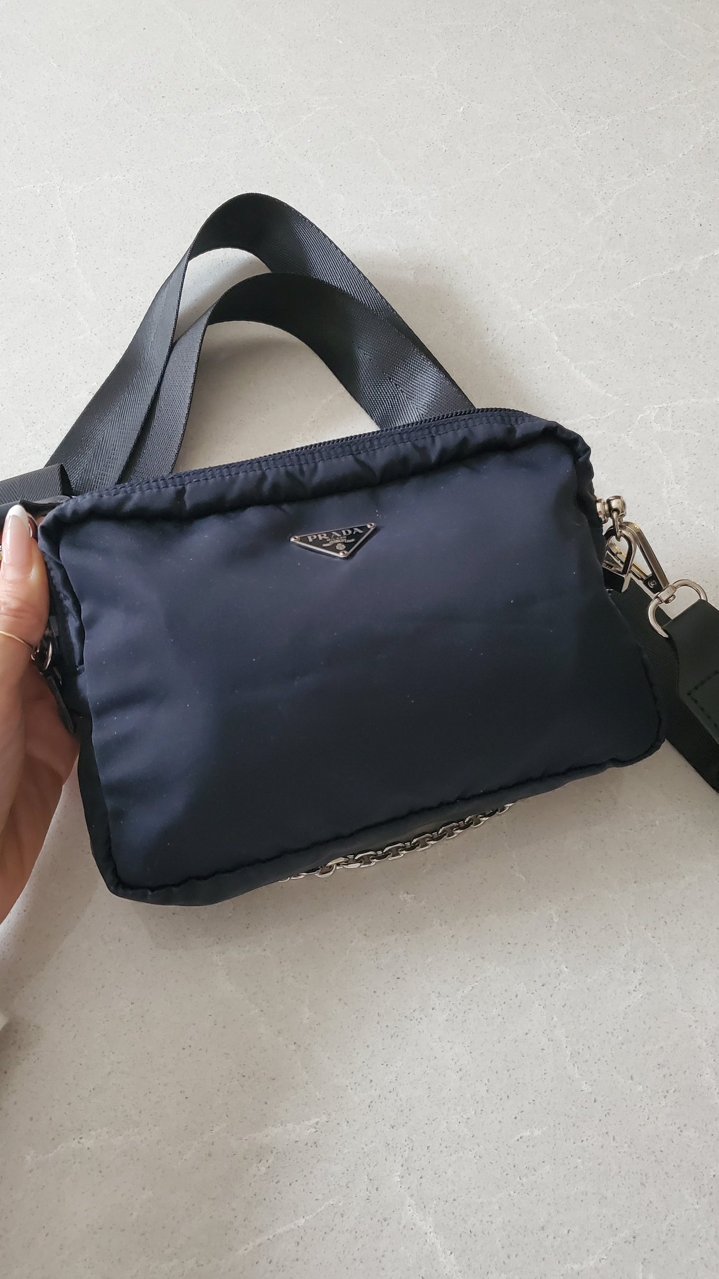 Authentic Prada Upcycle (Dark Navy) Nylon Pouch on Chain & Strap