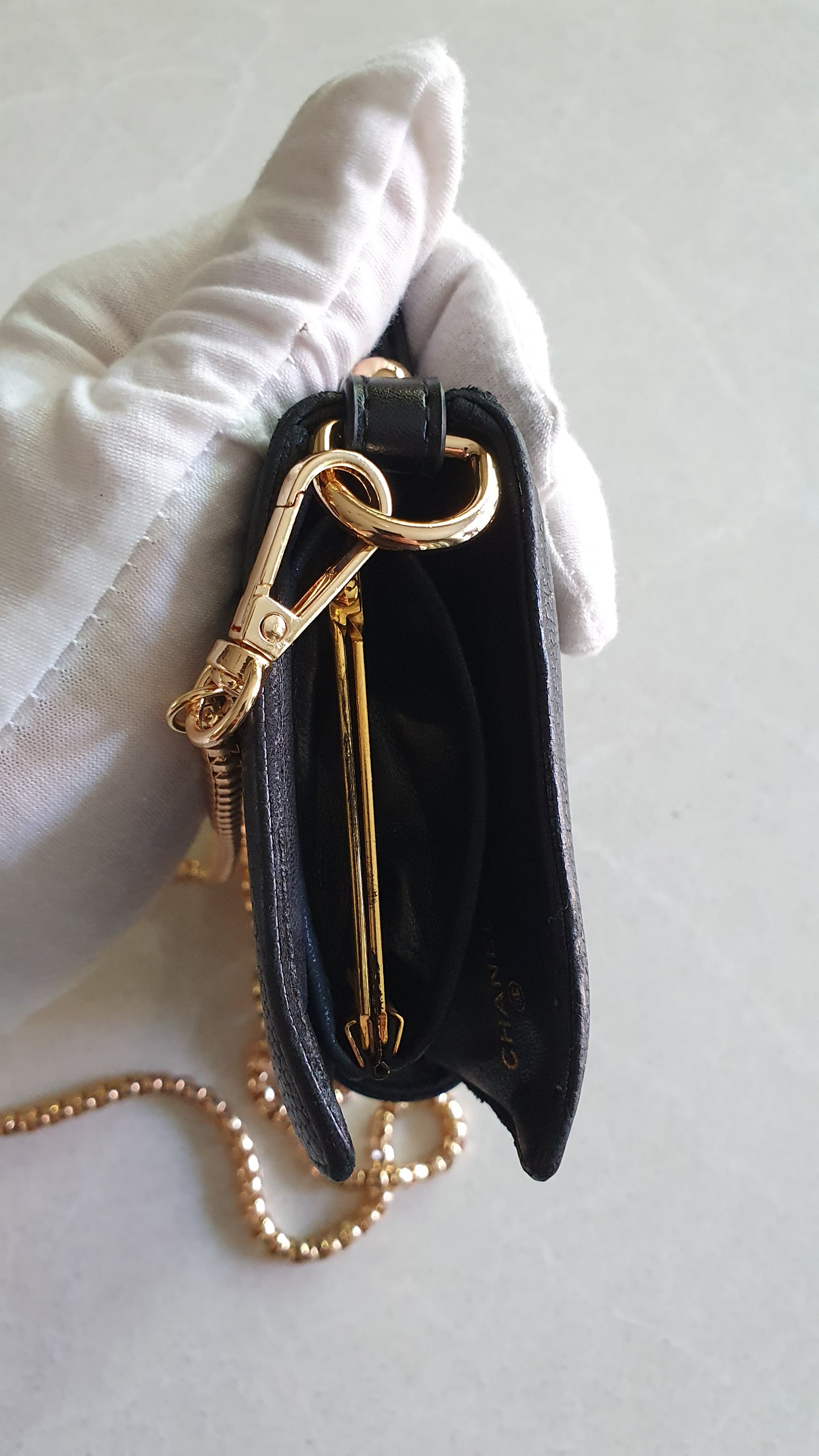 Authentic Chanel Upcycle Black Caviar Long Wallet with Strap & Chain