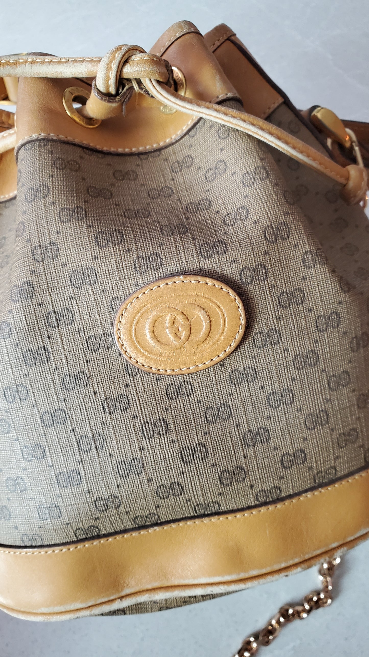Authentic Vintage Gucci Small Tan Bucket Bag with Chain